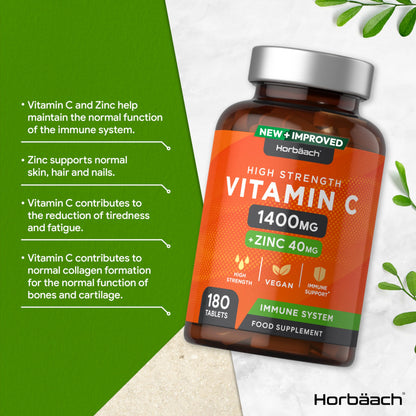 Vitamin C and Zinc | 180 Vegan Tablets | High Strength Vitamin C 1400mg and Zinc 40mg HorbäachUS supplements