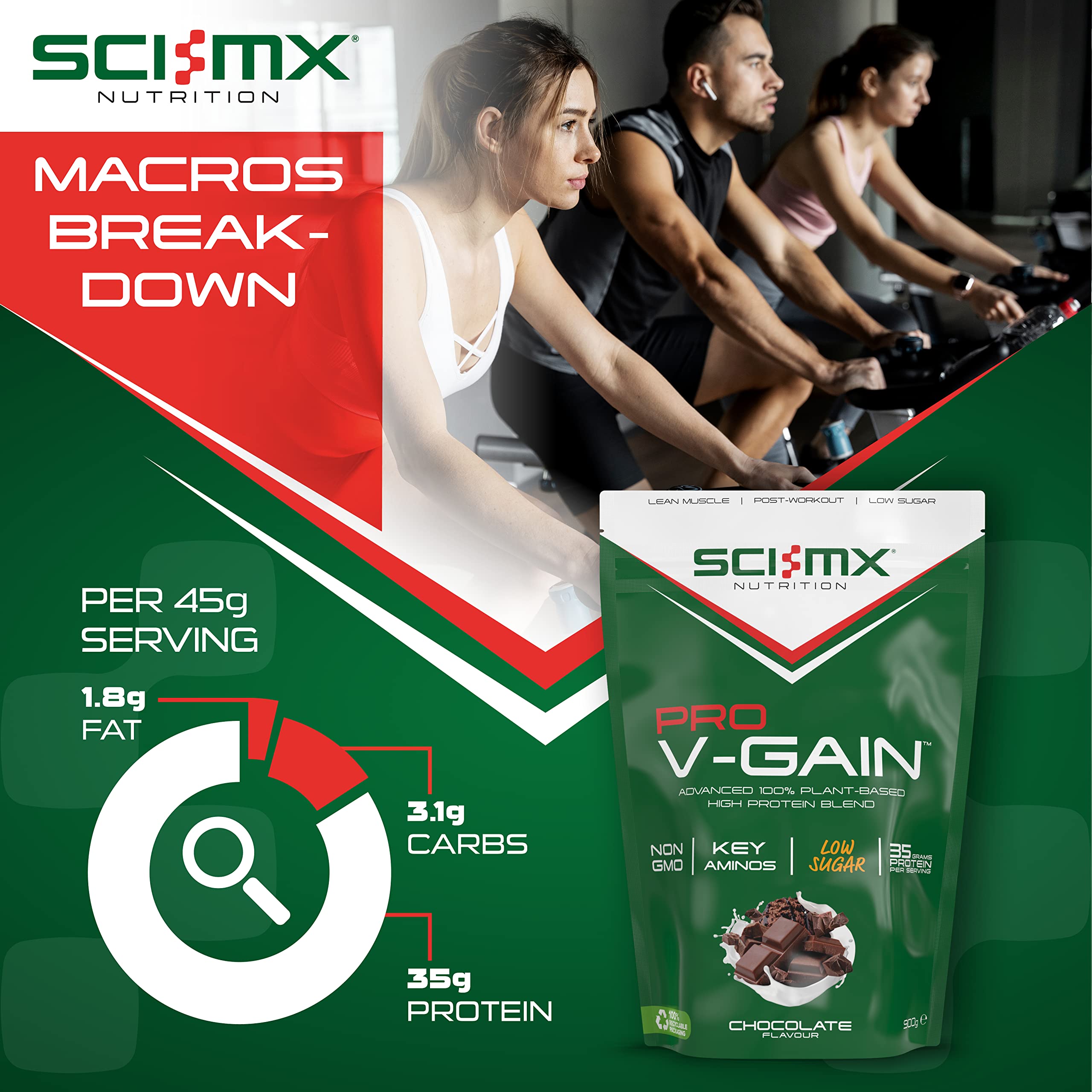 SCI-MX Pro V Gain 100% Plant Based Vegan Protein Formula With No Added Sugar - Chocolate Flavour - 900g - 20 SERVINGS SCI-MXAu supplements
