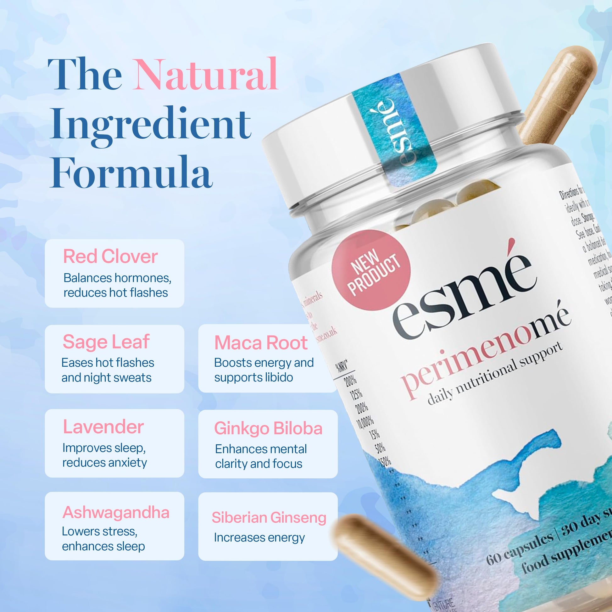 Esme Menopause Supplements Perimenopause Supplements 1 Month Supply - Daily Support for The Early Stage of Menopause – 60 Capsules - Includes Ashwagandha, Vitamins and Red Clover EsmeAu supplements