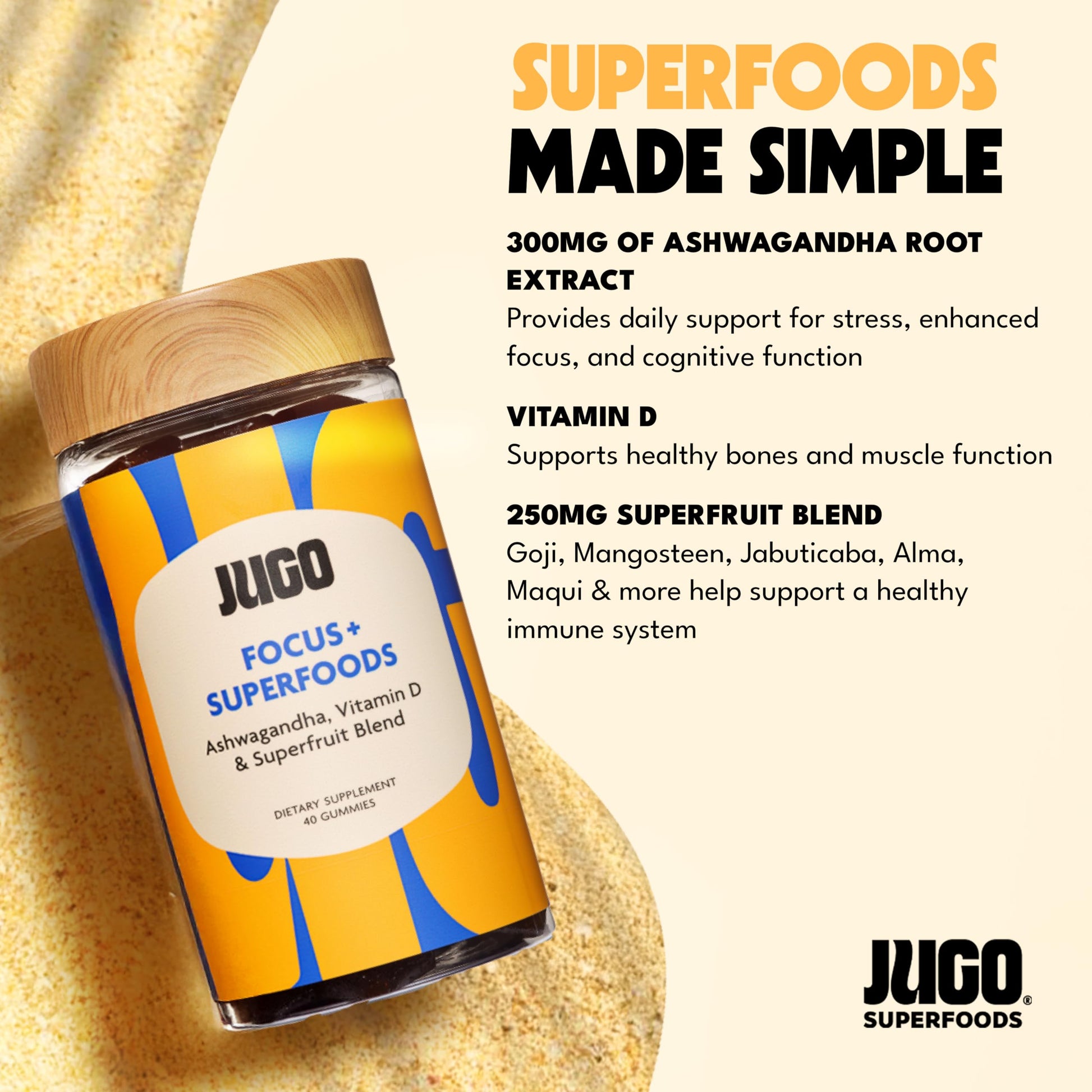 JUGO Focus + SUPERFOODS Ashwagandha Gummies with Vitamin D3 & Superfruit Blend, Vegetarian-Friendly Focus Supplement with Adaptogens, Gelatin-Free and Gluten-Free, Non-GMO, Made in USA, 40 Coun JUGO LLCAu supplements