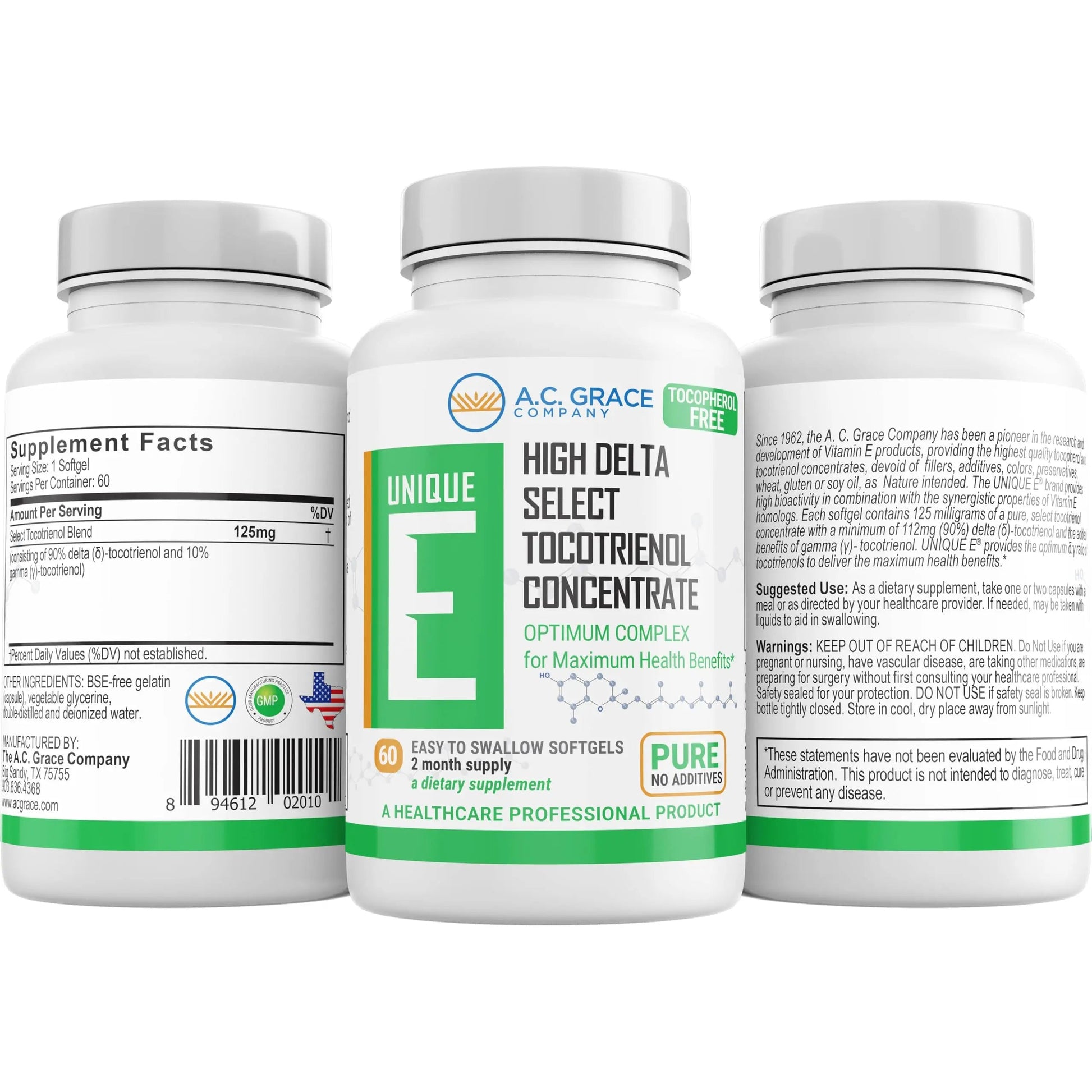 A.C. Grace Company, Unique E Tocotrienols - Tocopherol Free Softgels, 60 Count UNIQUE EAu supplements