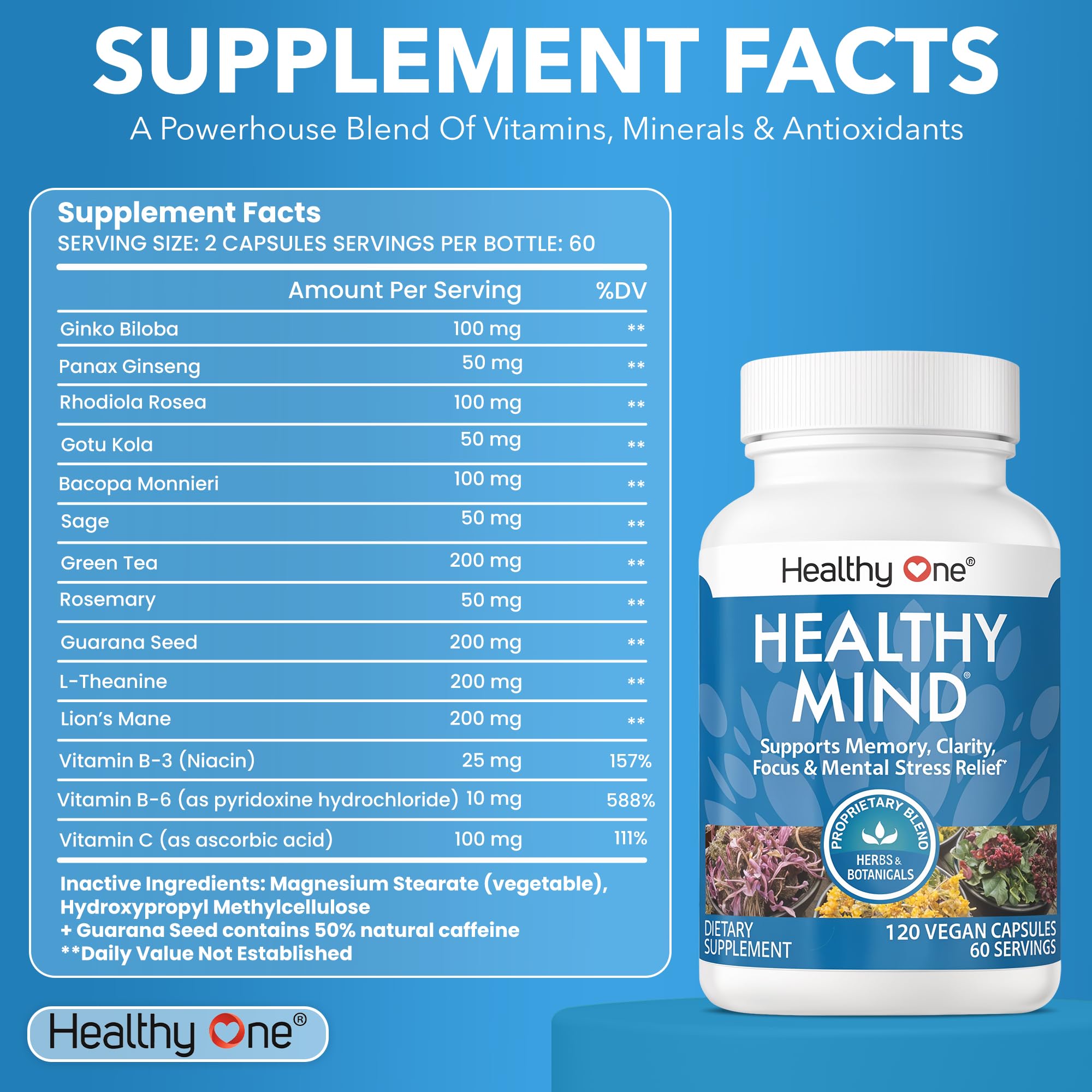Healthy Mind - Safe for Teens - Brain Fog - Cognitive Function - Concentration - Focus - Neural Optimization - Mood - Ginkgo Biloba - Ginseng - Rhodiola - Bacopa - Gotu Kola - Green Tea - 60 Count Healthy OneAu supplements