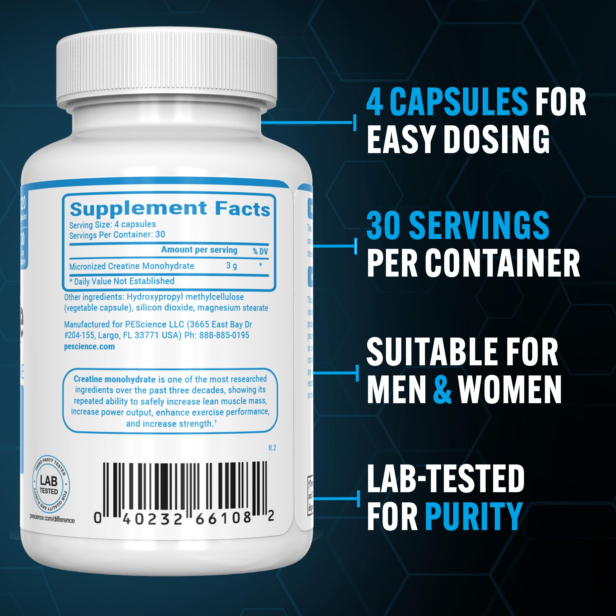 PEScience TruCreatine Creatine Pills, Easy-to-Take Creapure Creatine Capsules, Monohydrate, for Men & Women, Supports Muscle Growth, Strength & Recovery, Cognition, 3g Per Serving, 120 Capsules PEScienceAu supplements