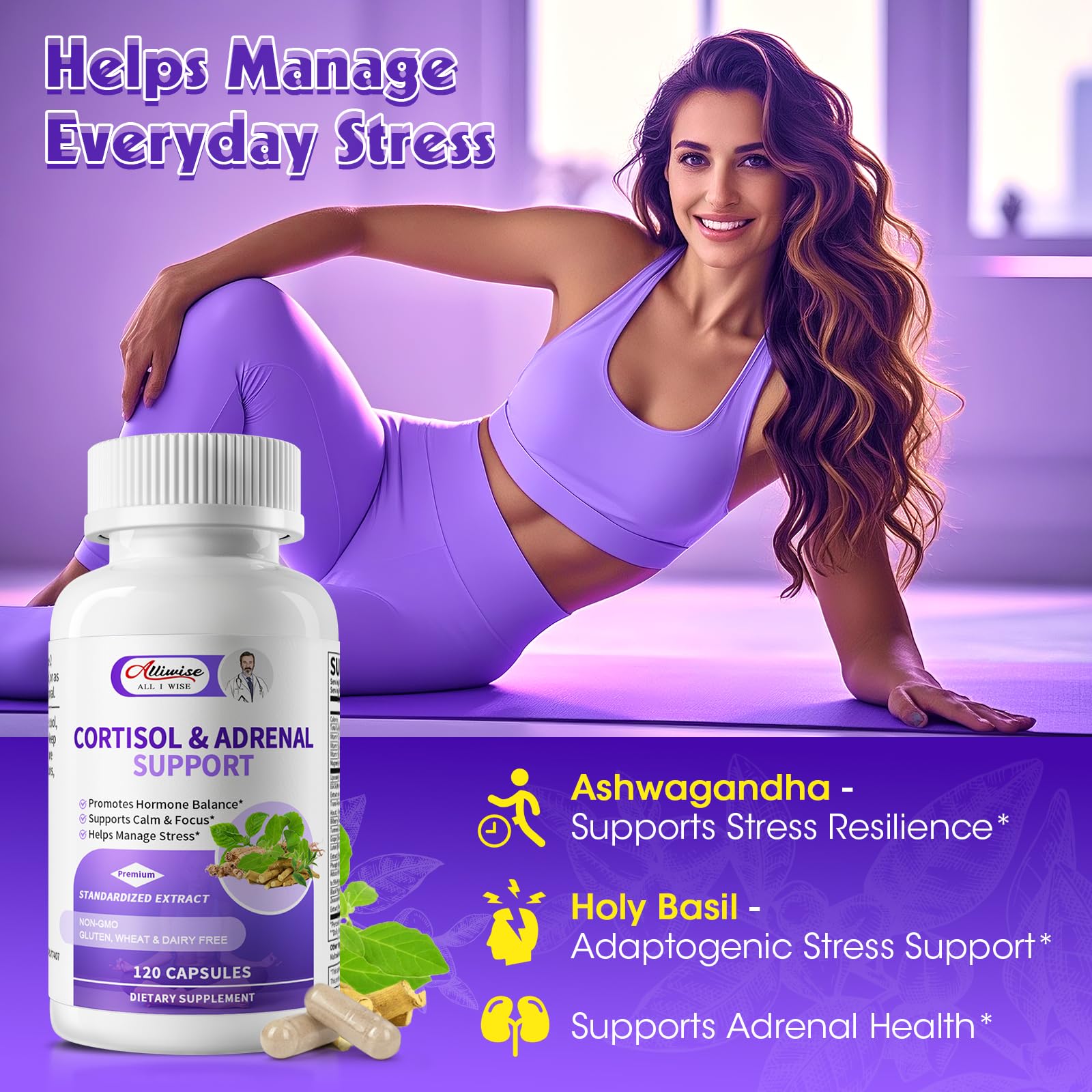 Alliwise Cortisol Supplements for Women & Men - Adrenal Support with Ashwagandha, L-Theanine & Holy Basil for Stress Relief, Mood & Steady Focus - Hormone Balance - 120 Vegan Capsules AlliwiseAu supplements
