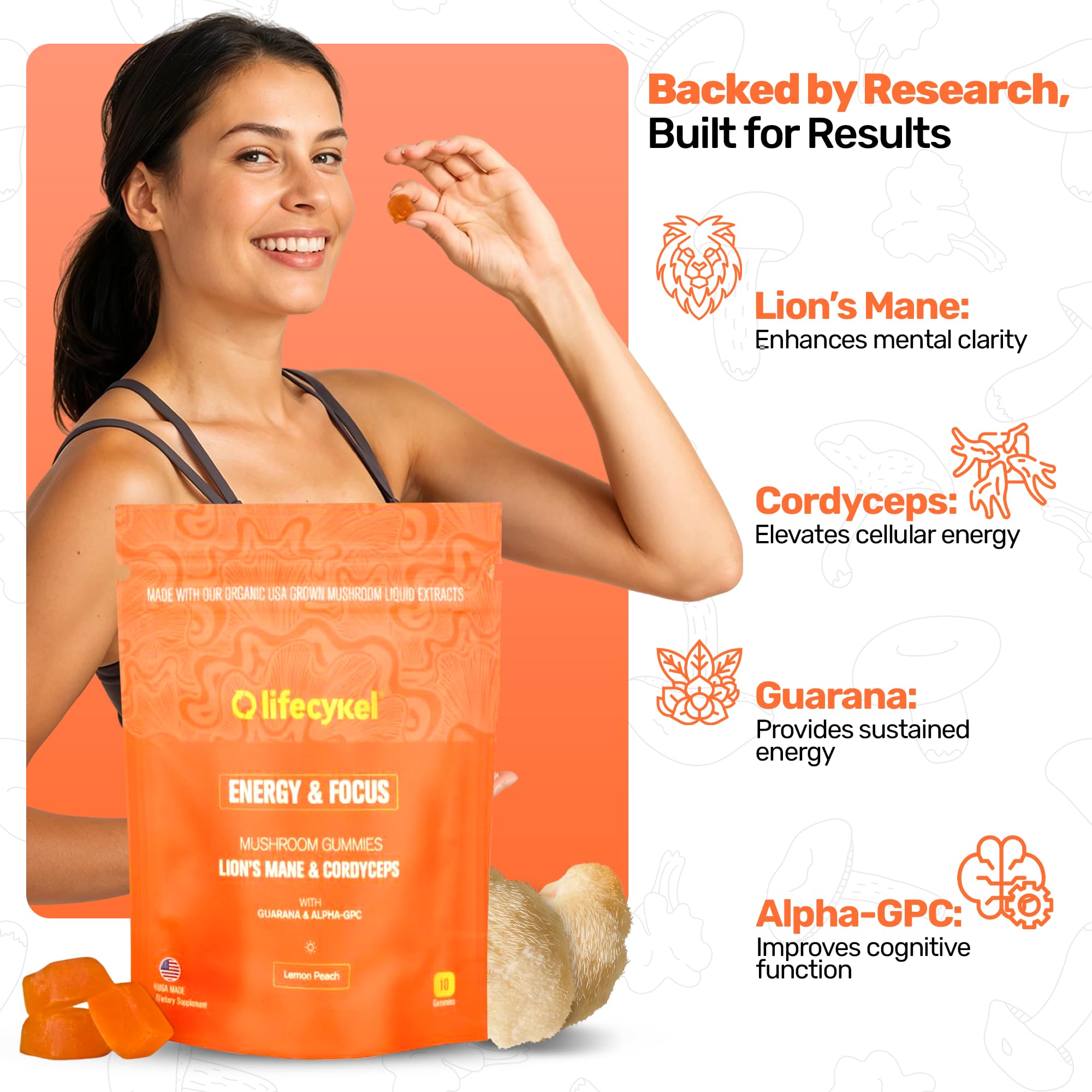 Life Cykel - AM Energy and Focus Mushroom Gummies, 10 Count - Organic Lion's Mane Gummies with Cordyceps, Guarana & Alpha GPC for Mental Clarity, Natural Energy, Endurance & Focus - Lemon Peach Flavor Life CykelAu supplements