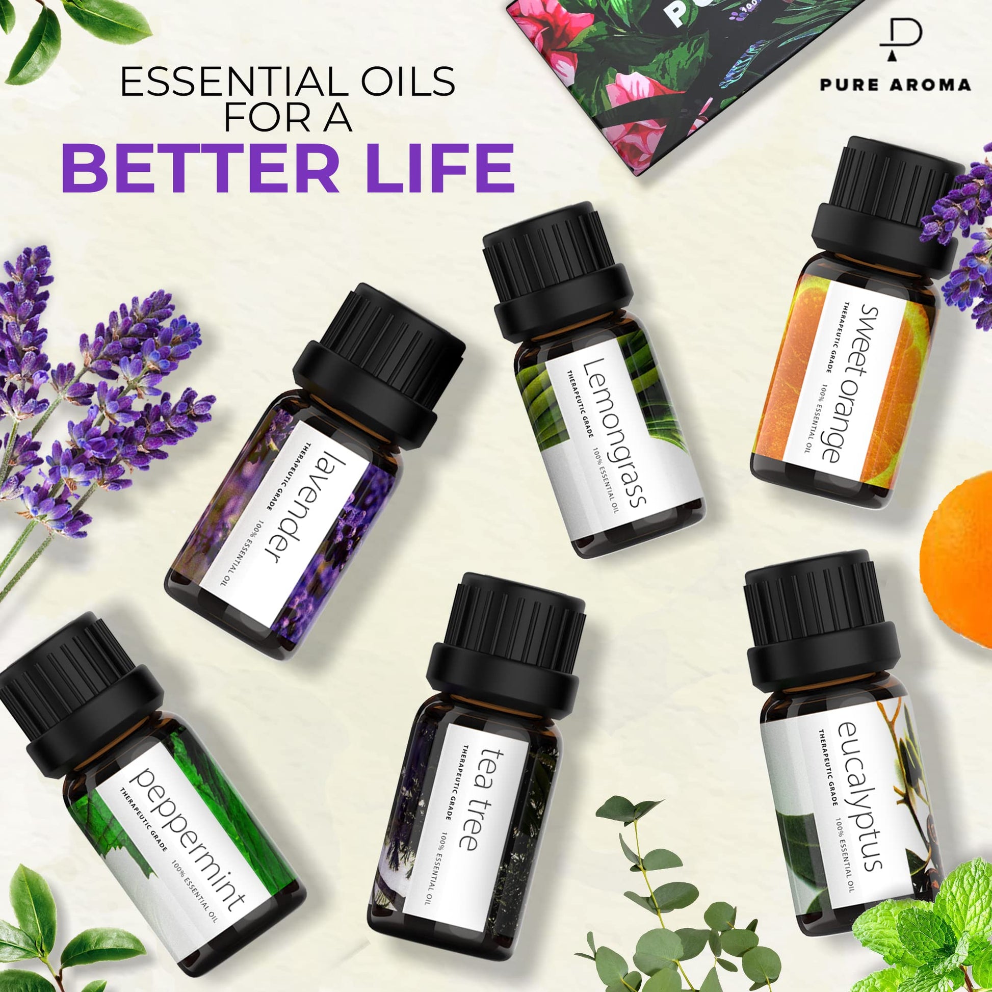 Essential Oils by PURE AROMA 100% Pure Oils kit- Top 6 Aromatherapy Oils Gift Set-6 Pack, 10ML Pure AromaAu supplements