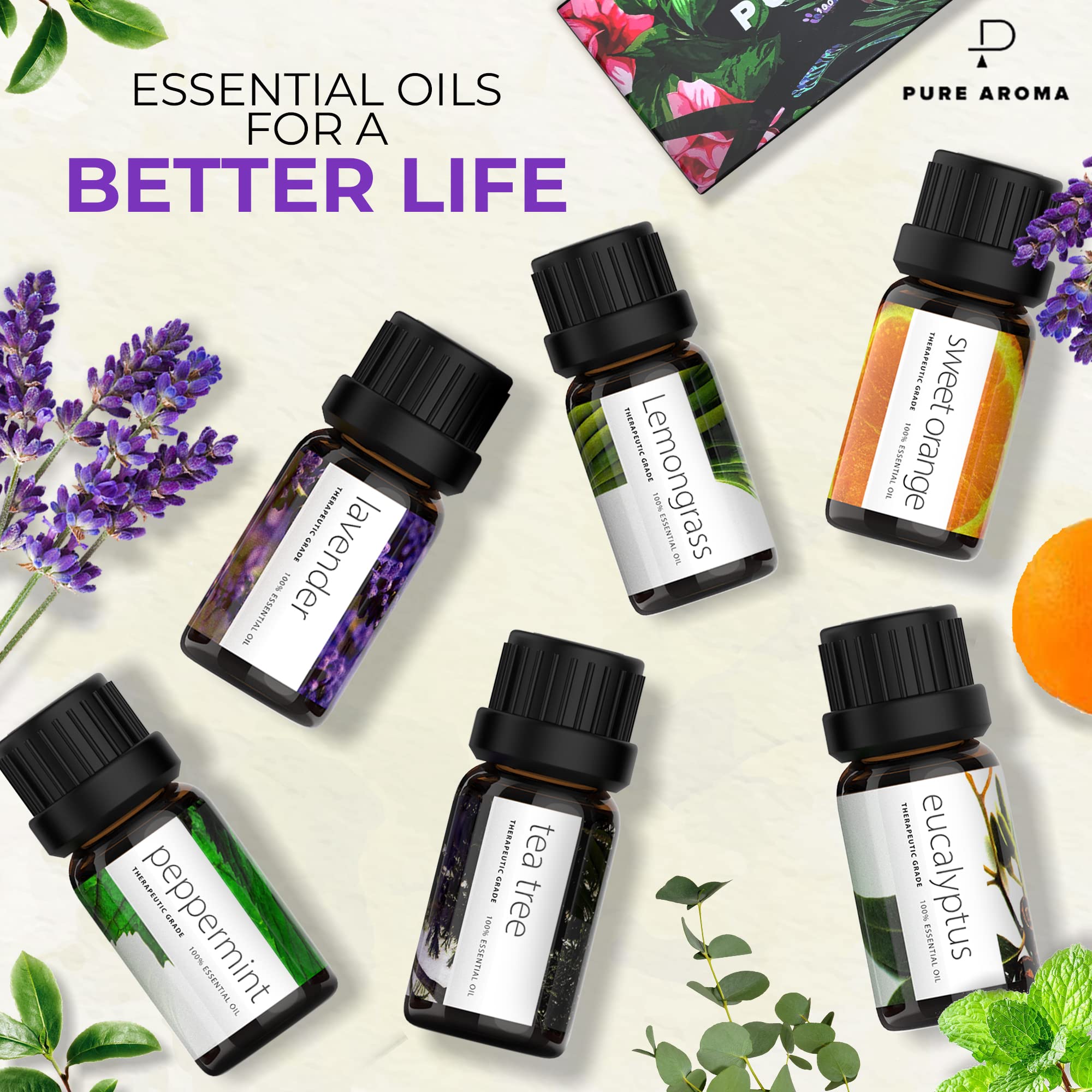 Essential Oils by PURE AROMA 100% Pure Oils kit- Top 6 Aromatherapy Oils Gift Set-6 Pack, 10ML Pure AromaAu supplements