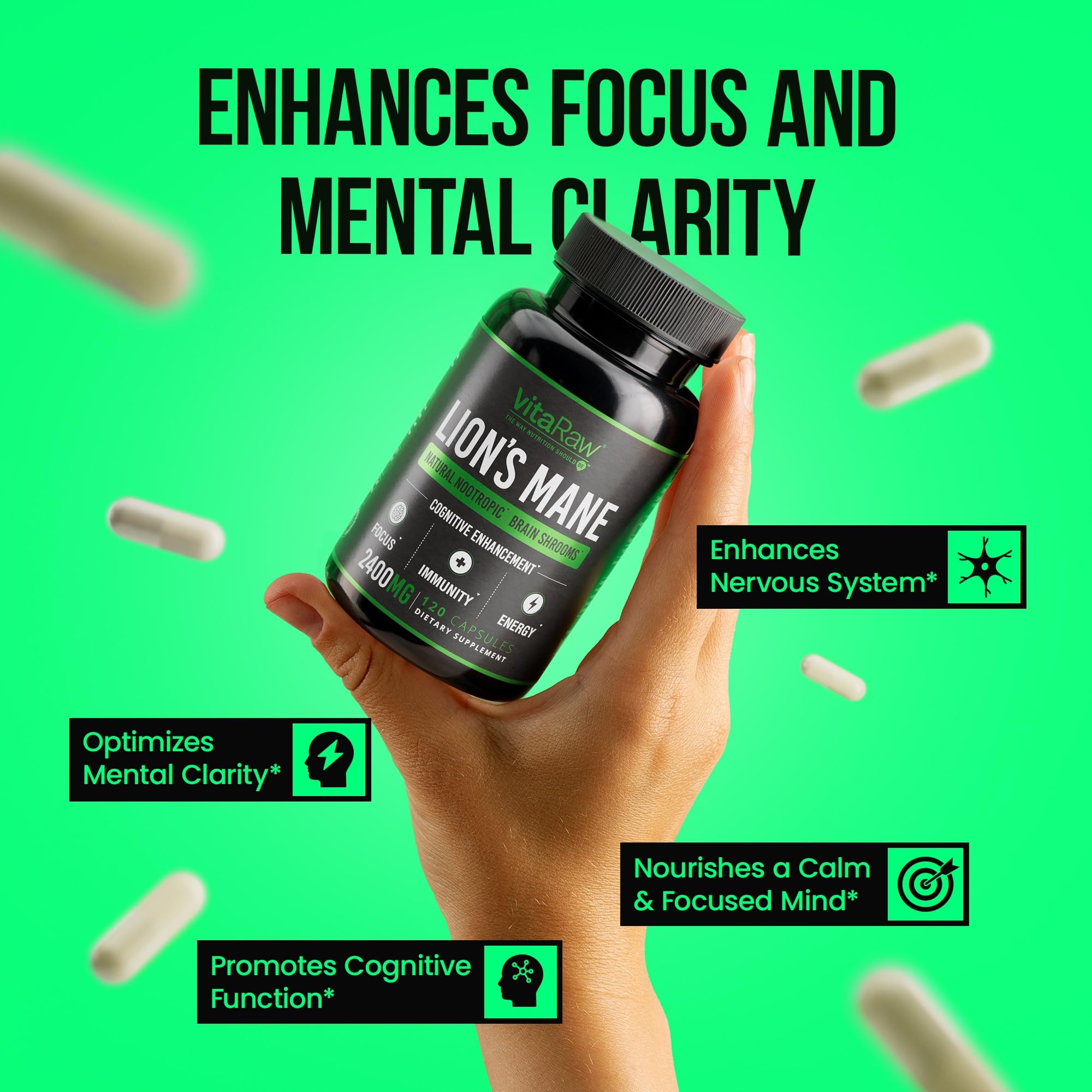 VitaRaw Organic Lions Mane Supplement Capsules 2400 mg - Powerful Nootropic - Helps Maintain Memory, Energy, and Mental Clarity - Vegan Brain Booster Focus Pills - Real Lion's Mane Supplement VitaRawAu supplements