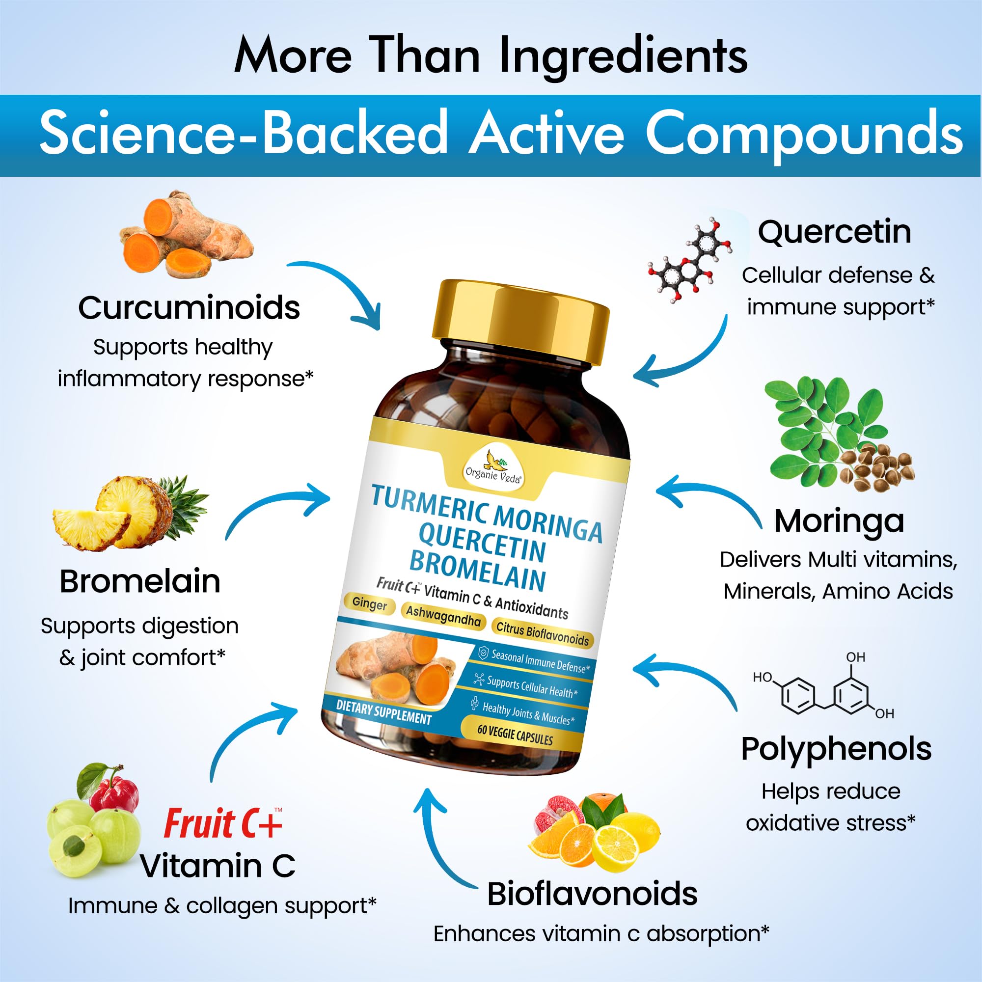 Organic Veda Turmeric Moringa Quercetin with Bromelain Capsules - Fruit C+ Vitamin C Antioxidants Immune System & Respiratory Supplement - Ashwagandha, Ginger, Citrus Bioflavonoids, 60 Vegan Capsule Organic VedaAu supplements