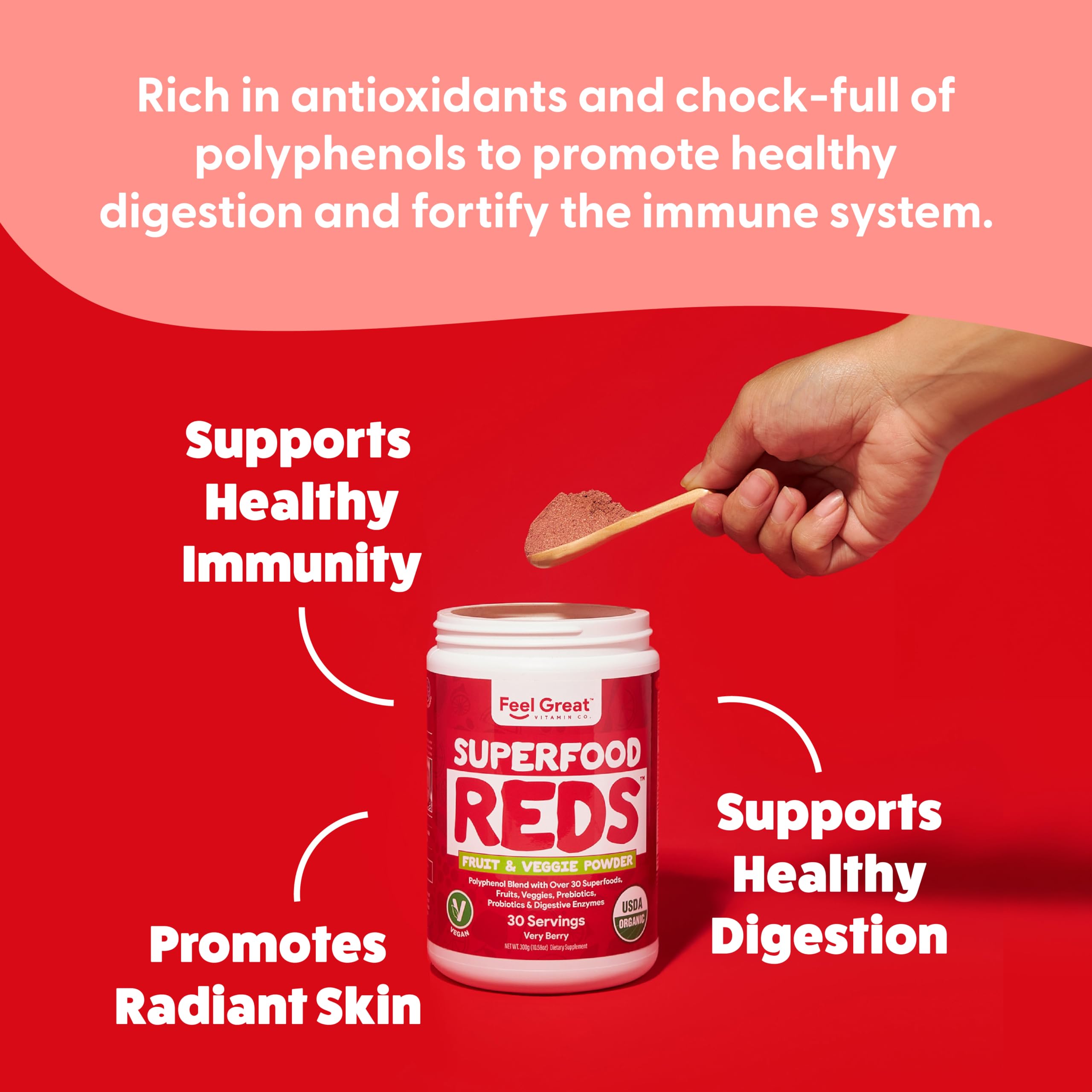 Feel Great Organic Superfood Reds Powder Packed with Beet Root Powder | Digestive Support Including Bloating Relief | Fruit and Veggie Polyphenols Supplement. The Feel Great Vitamin CompanyAu supplements