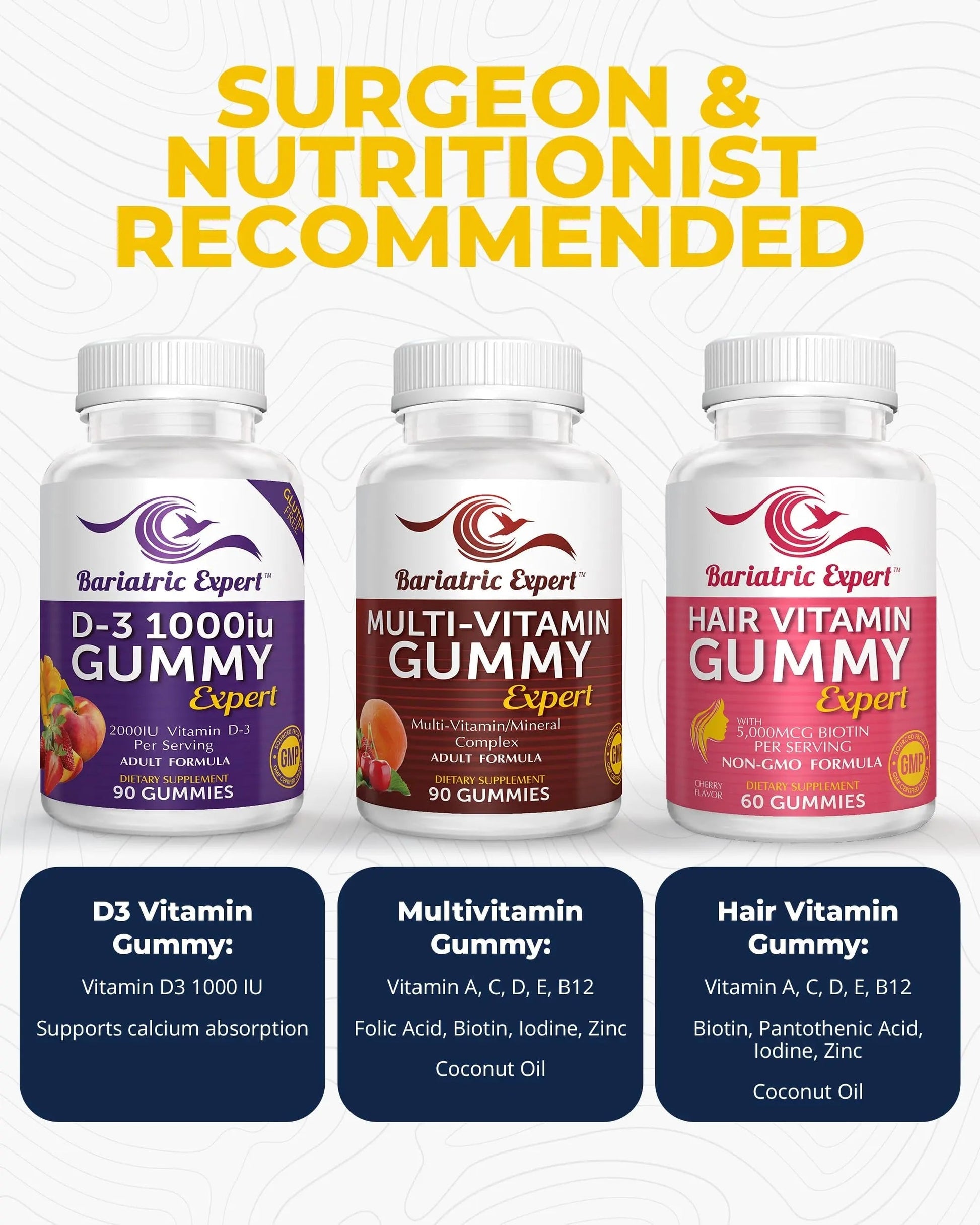 Bariatric Multivitamin 3 Pack, Multivitamin Gummy 90 Chews. - D3 Gummies 90 Chew - Hair Vitamin Gummy 60 Chews. Bariatric Food ExpertAu supplements