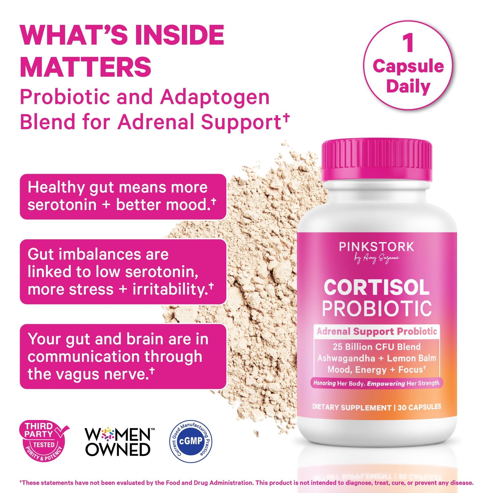 Pink Stork Cortisol Probiotic for Women – Mood and Adrenal Support Supplement – Ashwagandha, Lemon Balm, Chamomile, 25 Billion CFU – Gut Health, Energy, Focus – Lower Cortisol – 30 Capsules Pink StorkAu supplements