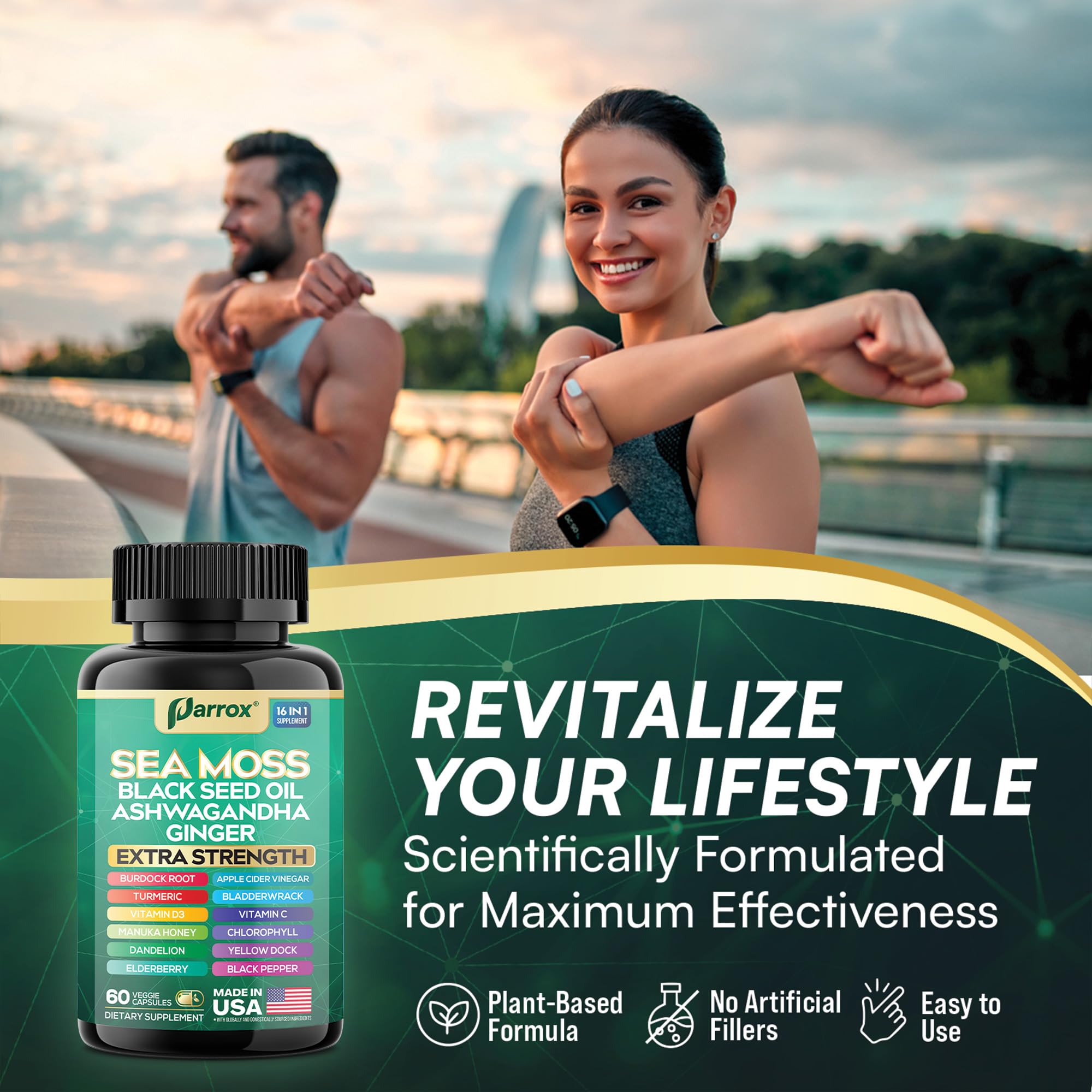 Parrox Sea Moss, Black Seed Oil, Ashwagandha, Turmeric, Chlorophyll, Dandelion, Ginger, Vitamin D3, Black Pepper, Elderberry, ACV, Yellow Dock, Burdock Root, Manuka, Vitamin C, Bladderwrack (60 Caps) ParroxAu supplements