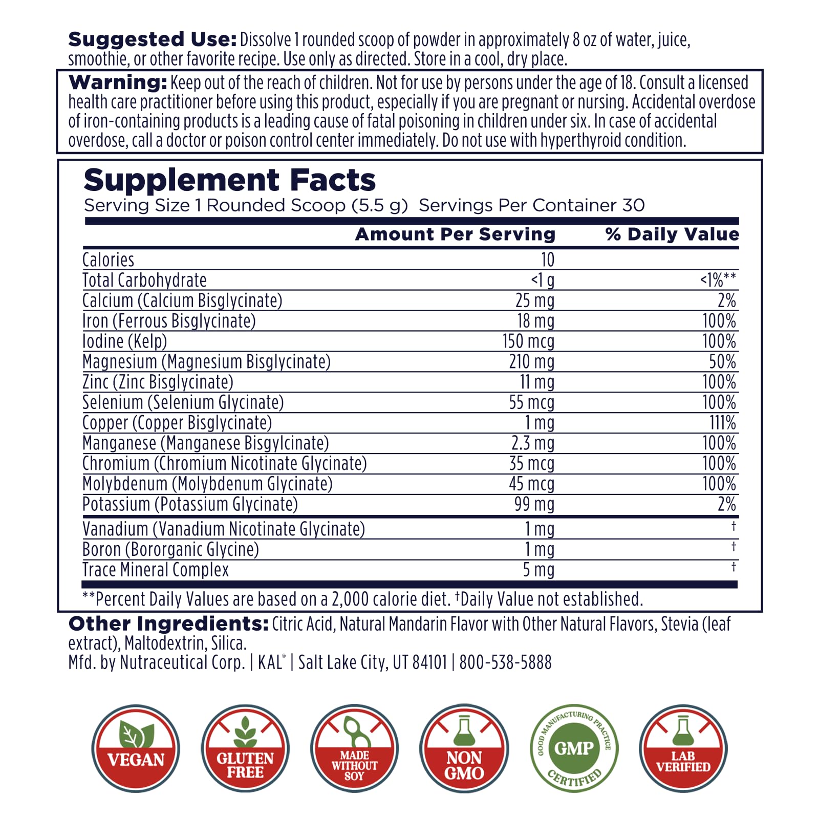 KAL Total Mineral+ Powder - Total Complex - Magnesium Glycinate, Zinc, Calcium and More - Bone Health & Whole Body Support Supplement - Vegan, Non-GMO, Gluten-Free 60-Day Guarantee - 30 Servings KALAu supplements
