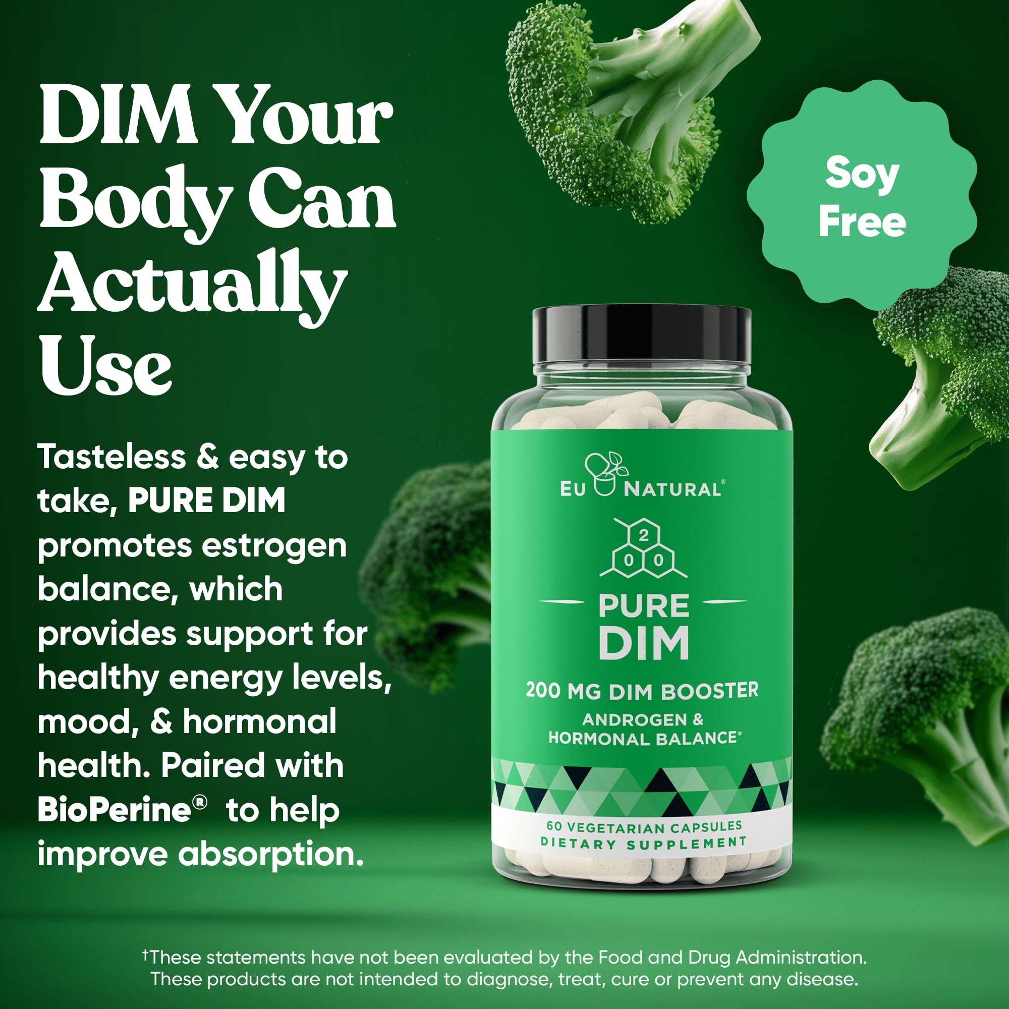 DIM Supplement Pure 200 Mg for Women or Men – Estrogen Hormone Balance Supplement for Energy, Fatigue, Stress, Menopause, Hot Flashes – Enhanced Bioavailability BioPerine – 60 Vegan Soft Capsules Eu NaturalAu supplements
