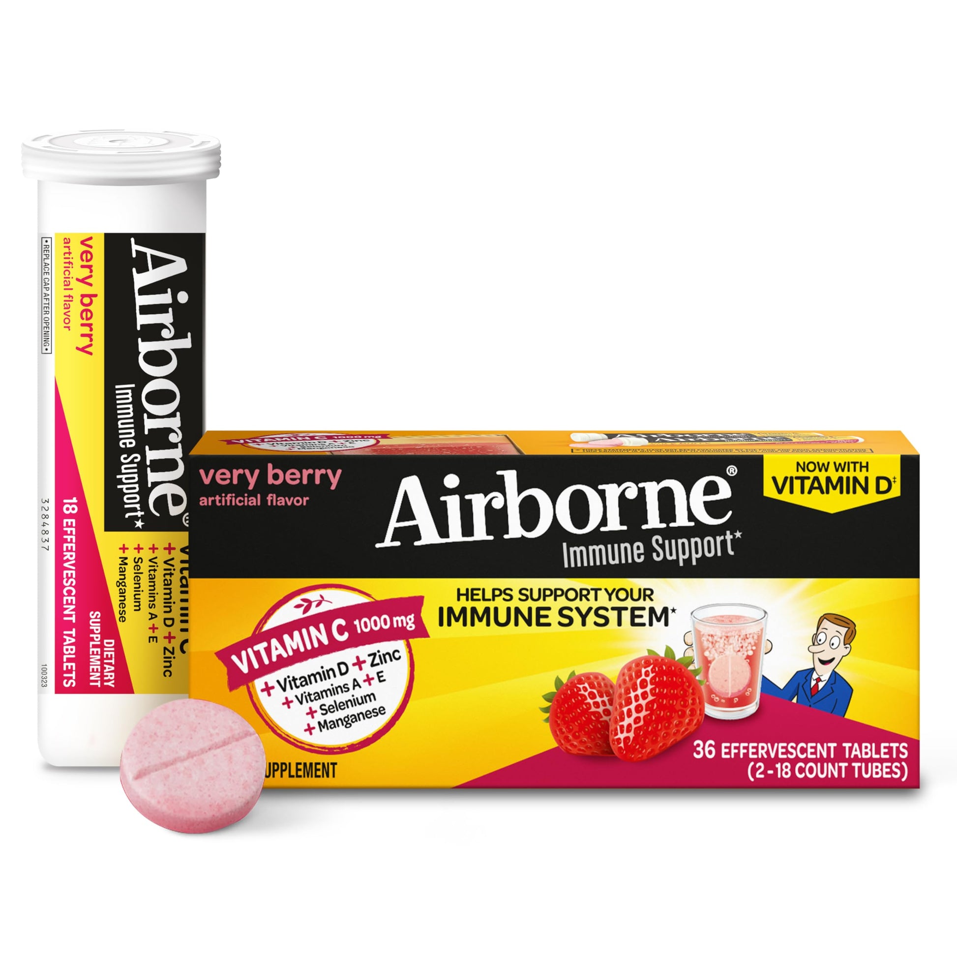 Vitamin C 1000mg (per serving) - Airborne Very Berry Effervescent Tablets (36 count in a box), Gluten-Free Immune Support Supplement, With Vitamins A C E, ZINC, Selenium, Echinacea & Ginger AirborneAu supplements