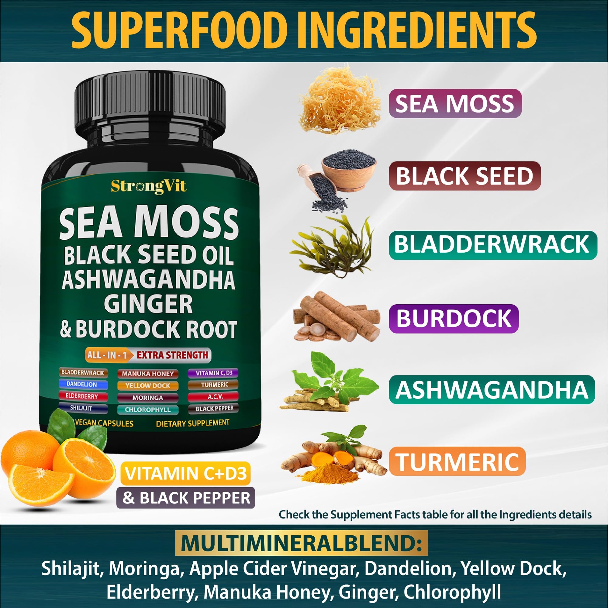 StrongVit Sea Moss Black Seed Oil Ashwagandha Ginger, Organic Sea Moss Capsules with Burdock Root, Irish Seamoss Pills with Bladderwrack, Advanced Multimineral Supplement, USA StrongVitAu supplements