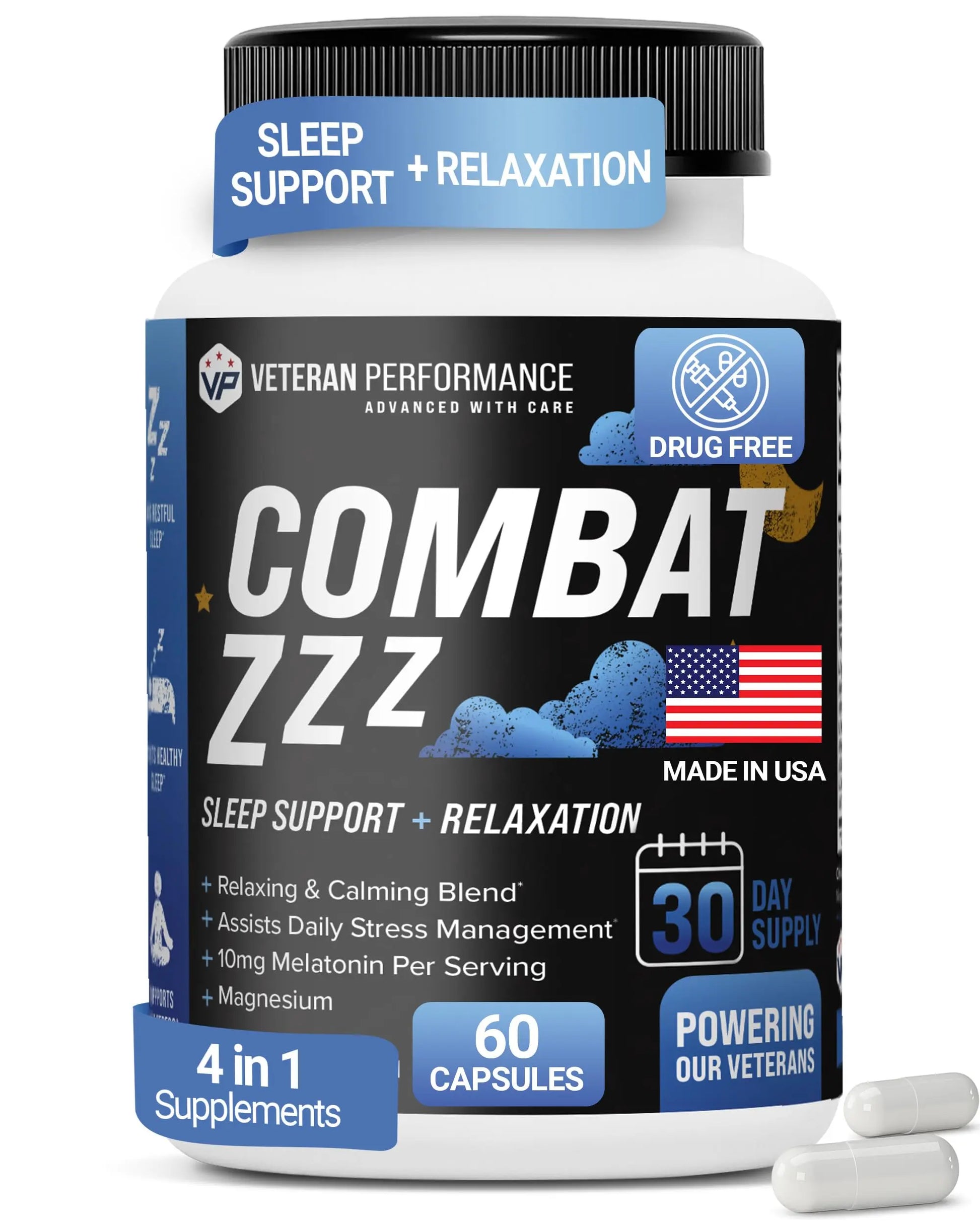 Combat ZZZ 4-in-1 Sleep Aid with Melatonin, Magnesium & L-Theanine – Non-Groggy Formula for Deep Sleep & Restful Recovery – Veteran-Founded, Made in USA (60 Capsules) | Sleep Aid for Adults Veteran PerformanceAu supplements