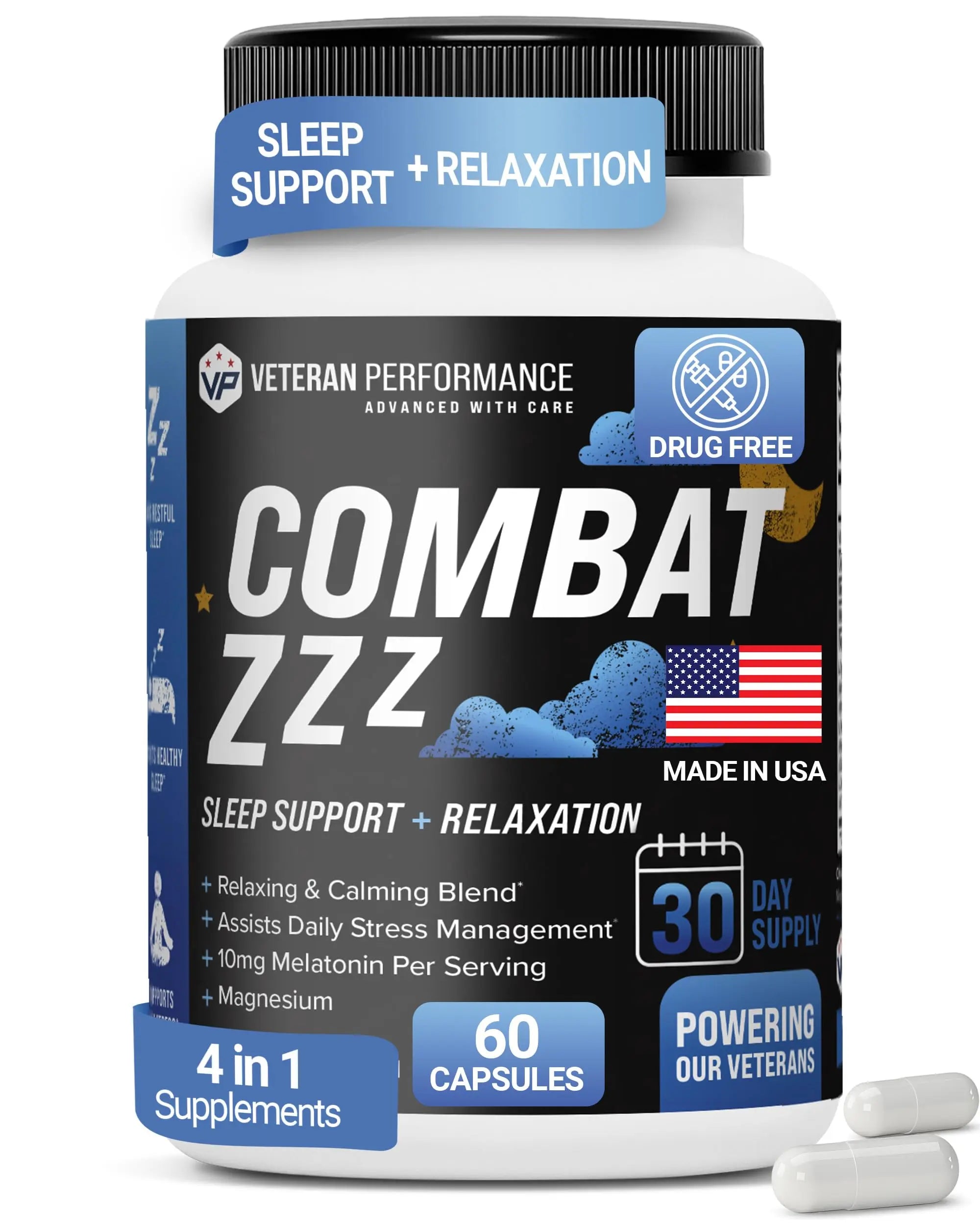 Combat ZZZ 4-in-1 Sleep Aid with Melatonin, Magnesium & L-Theanine – Non-Groggy Formula for Deep Sleep & Restful Recovery – Veteran-Founded, Made in USA (60 Capsules) | Sleep Aid for Adults Veteran PerformanceAu supplements