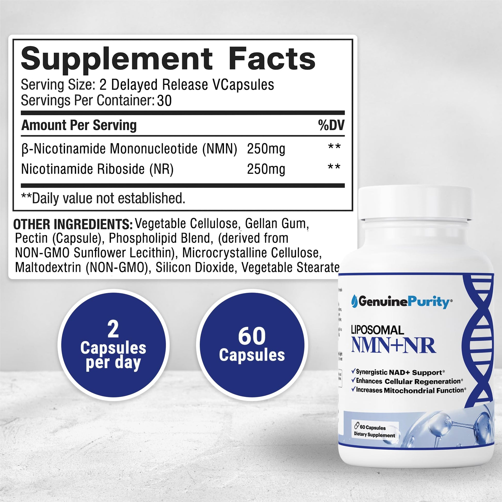 GenuinePurity - Liposomal NMN + NR Supplement - 60 Vegan Capsules to Support Cellular Health, Energy & NAD+ Levels - USA Made, Non-GMO, Gluten Free GenuinePurityAu supplements