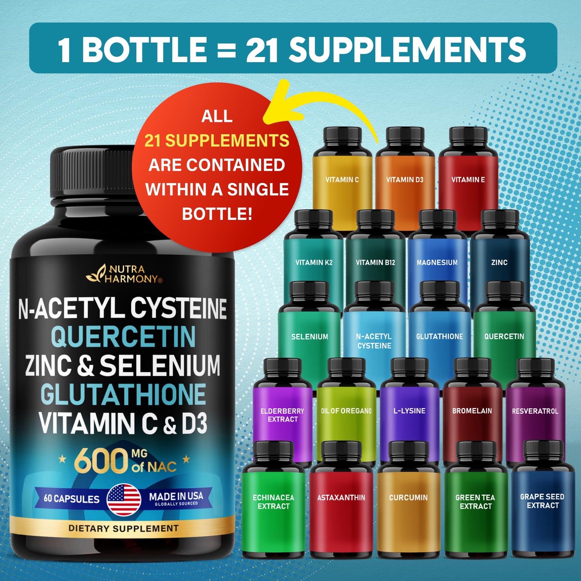 NAC 600 mg Supplement | Quercetin | Zinc | Glutathione | Selenium | Vitamin C & D3 NUTRAHARMONYUS supplements