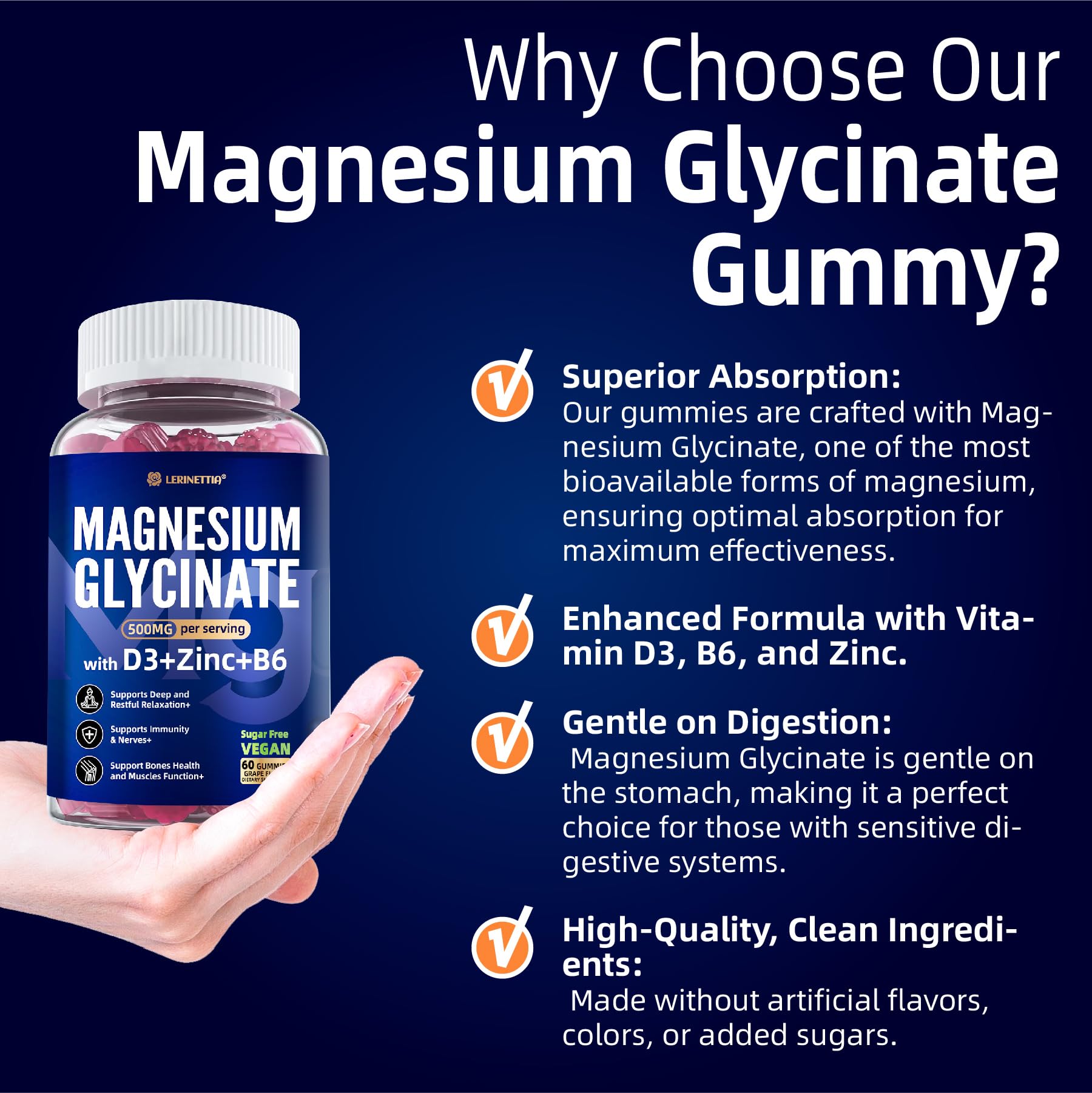 Magnesium Glycinate 500mg/250mg for Adults Teens - Plus D3,B6 & Zinc - Magnesium Glycinate Gummies,High Absorption - Support for Relaxation,Brain,Bone & Immunity Health - Sugar Free - 120Cts LerinettiaAu supplements