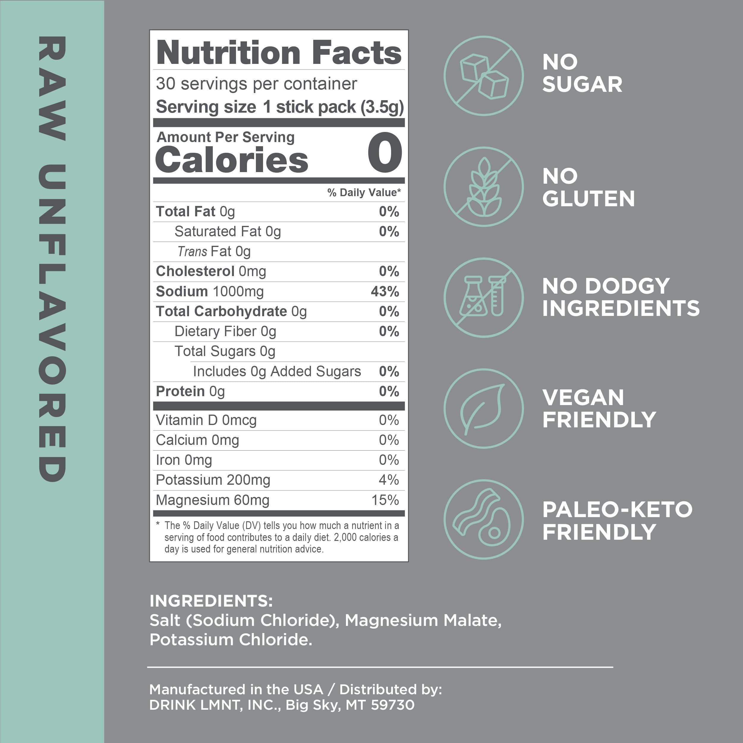 LMNT Zero-Sugar Electrolytes - Raw Unflavored Salt - Hydration Powder Packets Drink LMNTUS supplements
