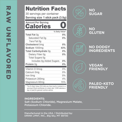 LMNT Zero-Sugar Electrolytes - Raw Unflavored Salt - Hydration Powder Packets Drink LMNTUS supplements