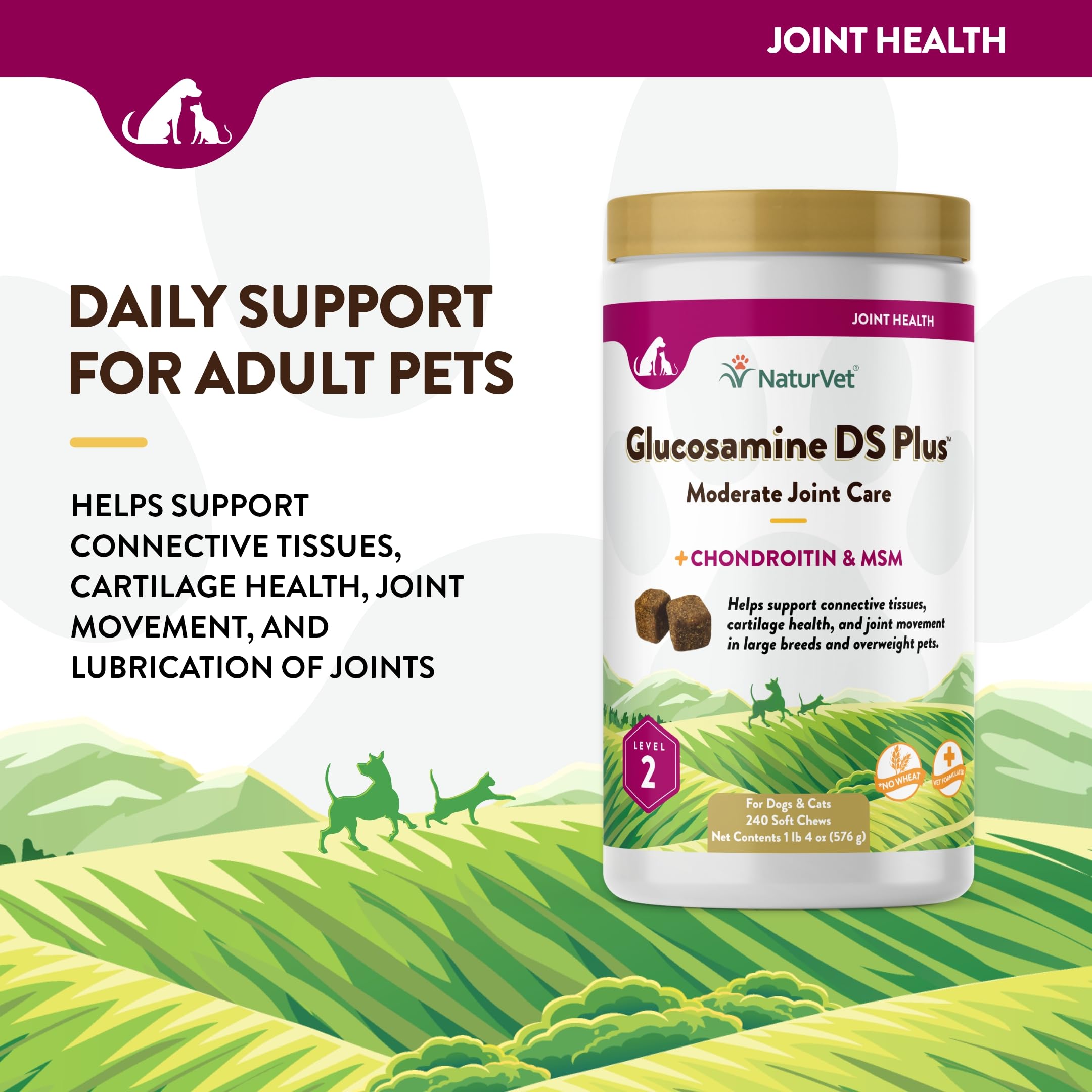 NaturVet – Glucosamine DS Plus - Level 2 Moderate Care – Supports Healthy Hip & Joint Function – Enhanced with Glucosamine, MSM & Chondroitin – for Dogs & Cats – 240 Soft Chews NaturVetAu supplements