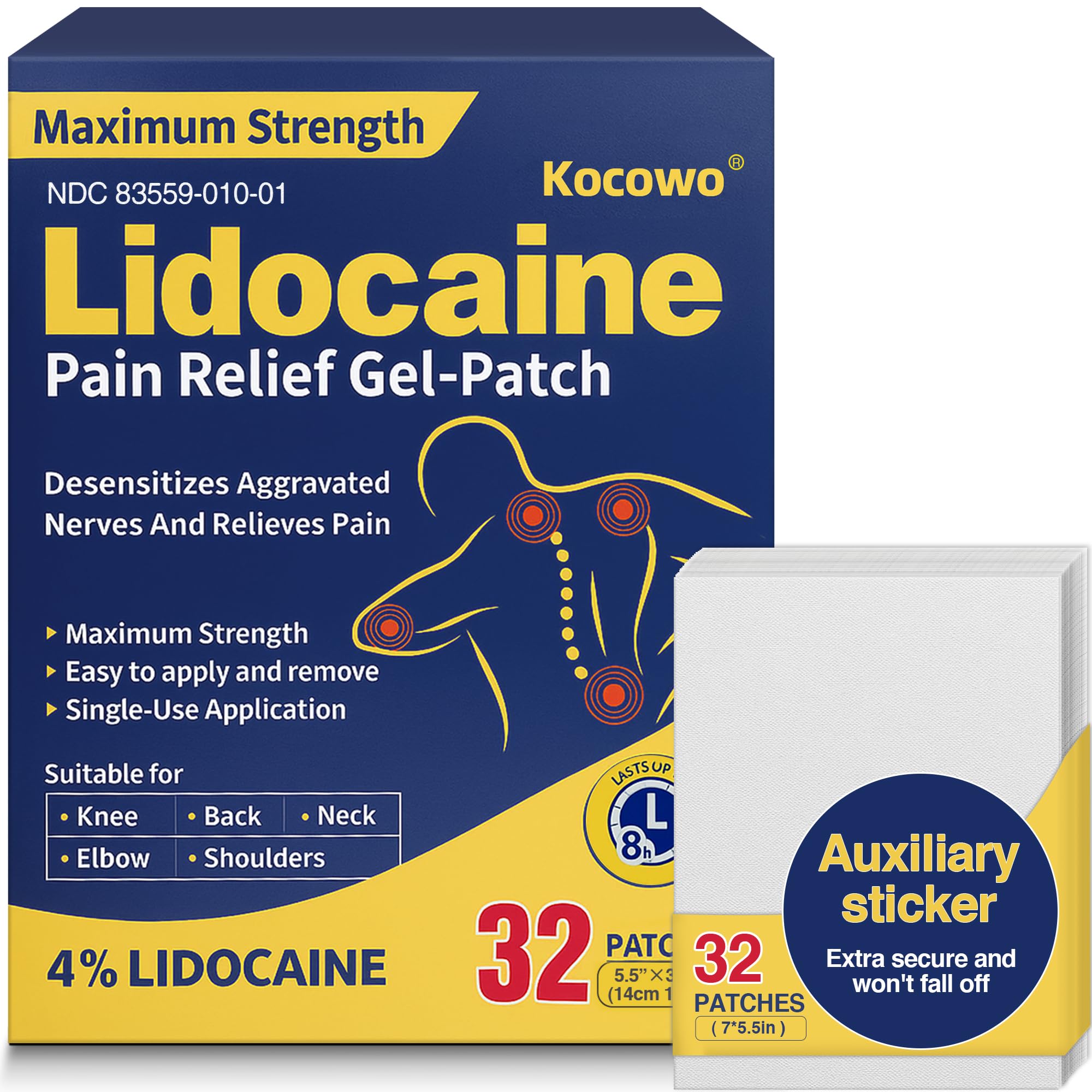 Kocowo 4% Lidocaine Maximum Strength Pain Relief Gel Patches with Auxiliary Patches for Neck Back Knee Joint Ache Muscle Soreness, 3.9” x 5.5”, 32-Count Box, NDC：83559-010-01 KocowoAu supplements