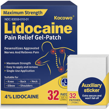 Kocowo 4% Lidocaine Maximum Strength Pain Relief Gel Patches with Auxiliary Patches for Neck Back Knee Joint Ache Muscle Soreness, 3.9” x 5.5”, 32-Count Box, NDC：83559-010-01 KocowoAu supplements
