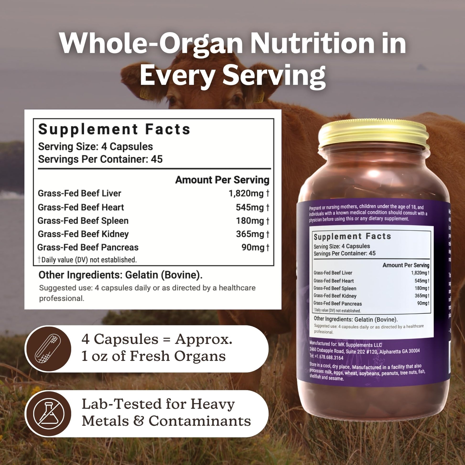 MK Supplements Grass-Fed Beef Organs Capsules | 5 Organs in Nature-Identical Ratios | B12, Copper & Heme Iron | Regeneratively Raised | 150 Capsules MK SupplementsAu supplements