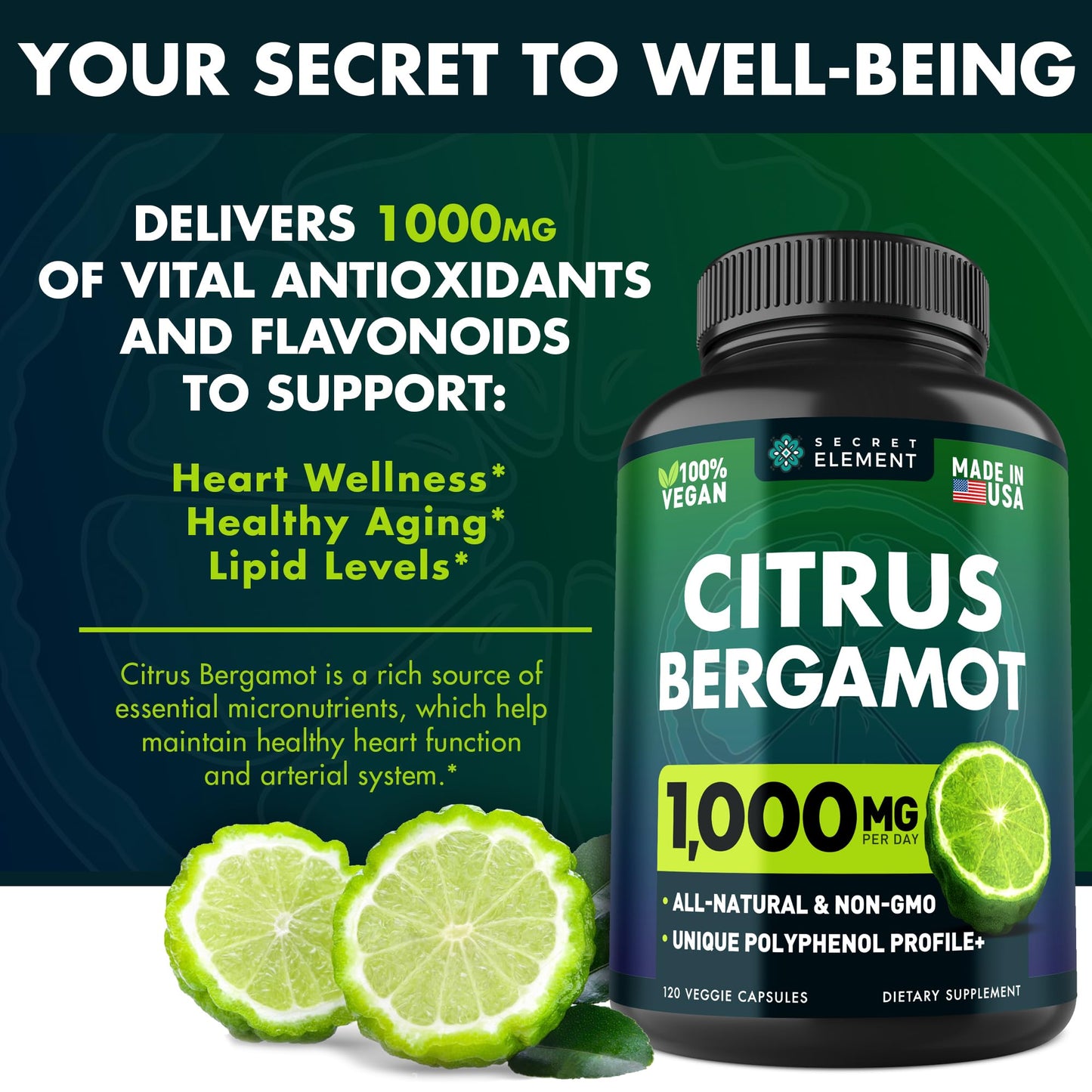 Citrus Bergamot Extract 1000mg - Citrus Bergamot Supplement for Heart, Immune System Secret ElementUS supplements
