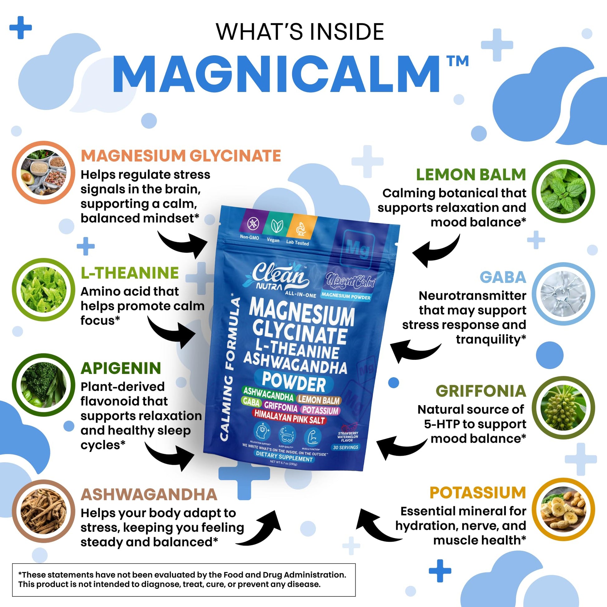 Magnesium Glycinate Powder Supplement + L Theanine Ashwagandha Glycine Apigenin Lemon Balm GABA 5HTP Pink Salt Potassium L Tryptophan Calcium | Powdered Sleep Aid Calm Trace Minerals Vitamin Clean NutraceuticalsAu supplements