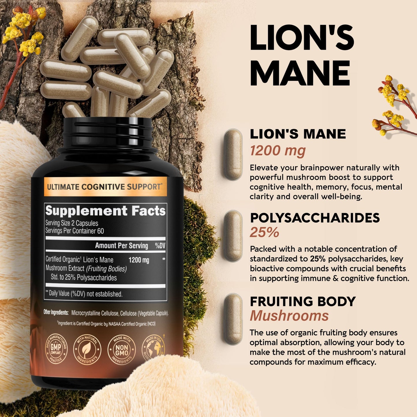 Organic Lions Mane - Certified Mushroom Supplement - Made in USA - Fruiting Bodies NUTRAHARMONYUS supplements