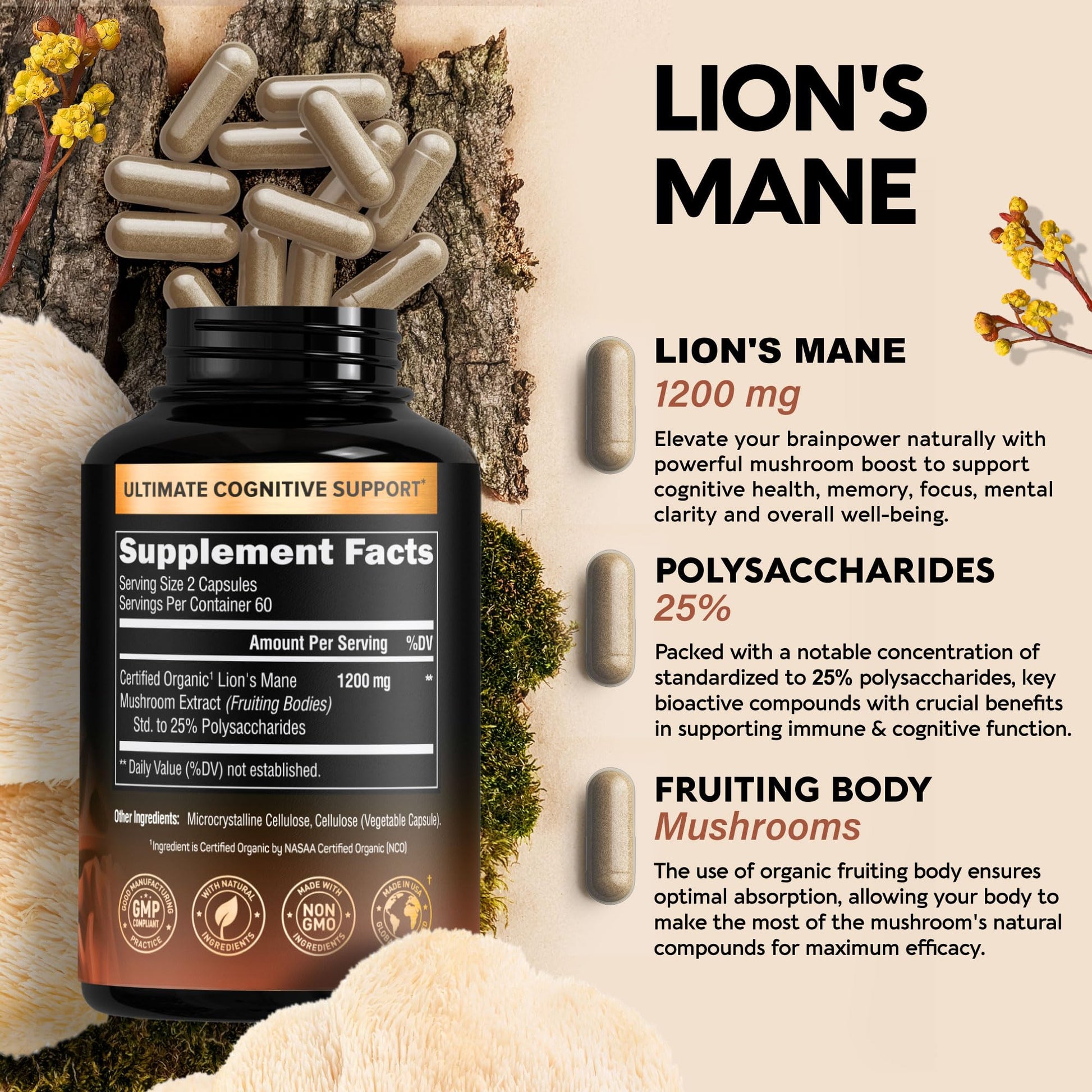 Organic Lions Mane - Certified Mushroom Supplement - Made in USA - Fruiting Bodies NUTRAHARMONYUS supplements