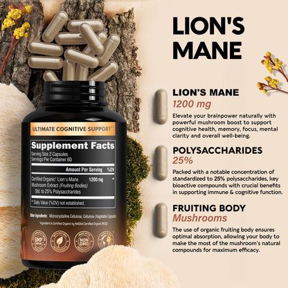 Organic Lions Mane - Certified Mushroom Supplement - Made in USA - Fruiting Bodies NUTRAHARMONYUS supplements