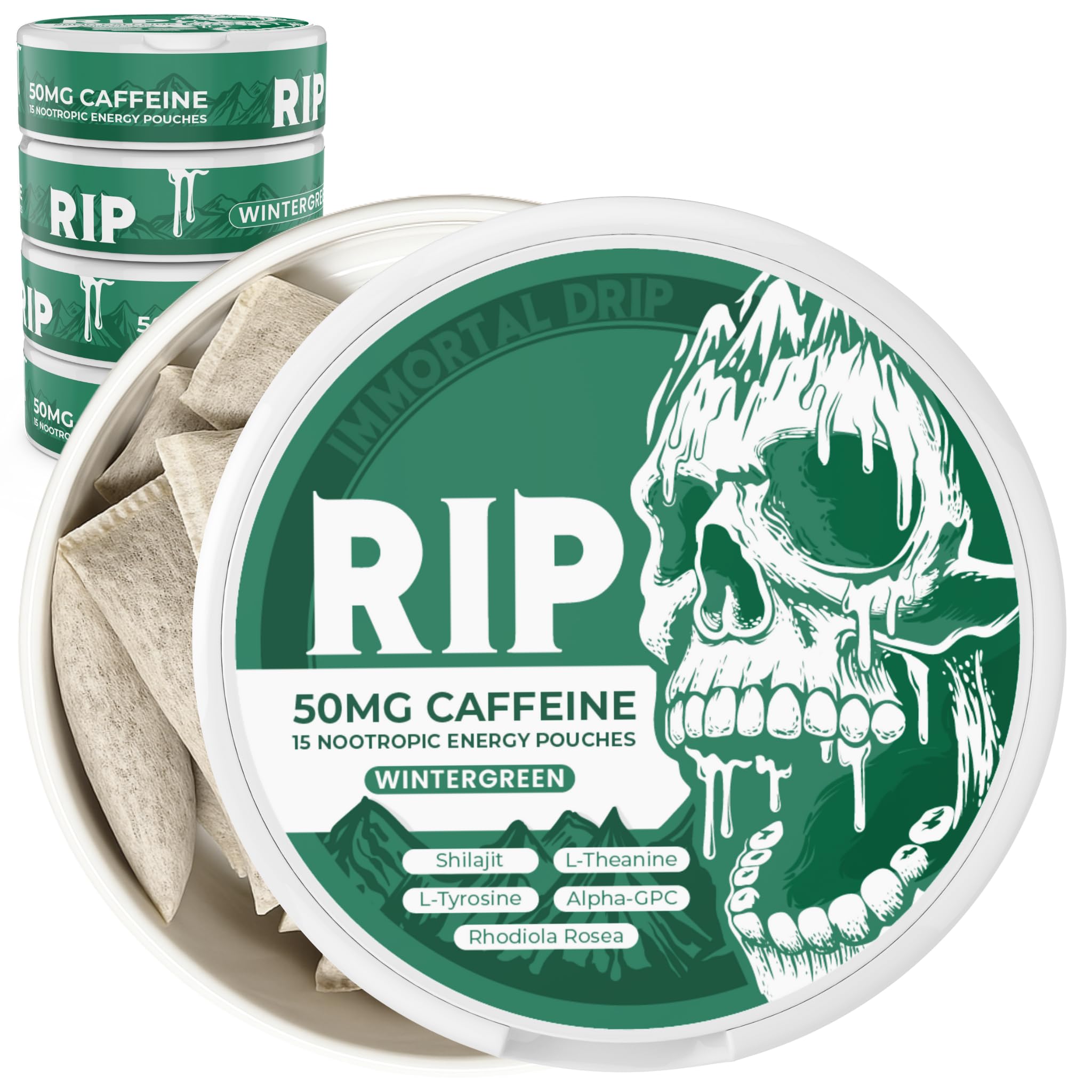 Immortal Drip RIP Nootropic Energy Pouches (Wintergreen) – 5 Cans – 15 Pouches per Can – Clean Energy & Focus Support – 50mg Caffeine, Shilajit, Alpha-GPC, L-Tyrosine, Rhodiola Immortal DripAu supplements