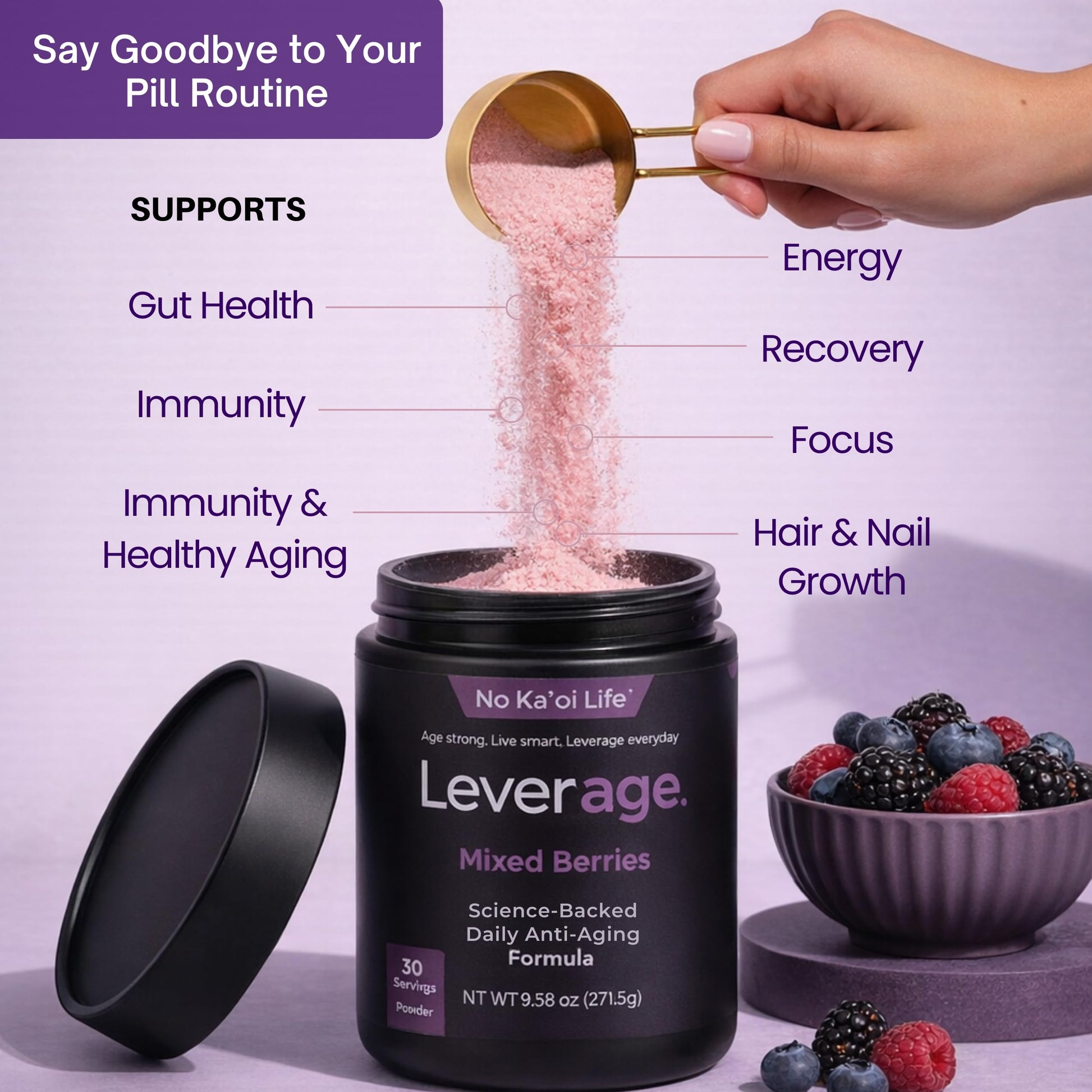 Leverage Mixed Berries Anti–Aging Supplement & Longevity Mix - Daily Wellness Multivitamin Powder with Hyaluronic Acid, L-Glycine & Magnesium for Skin, Energy, Cognitive Function & Joint–30 Servings LeverageAu supplements