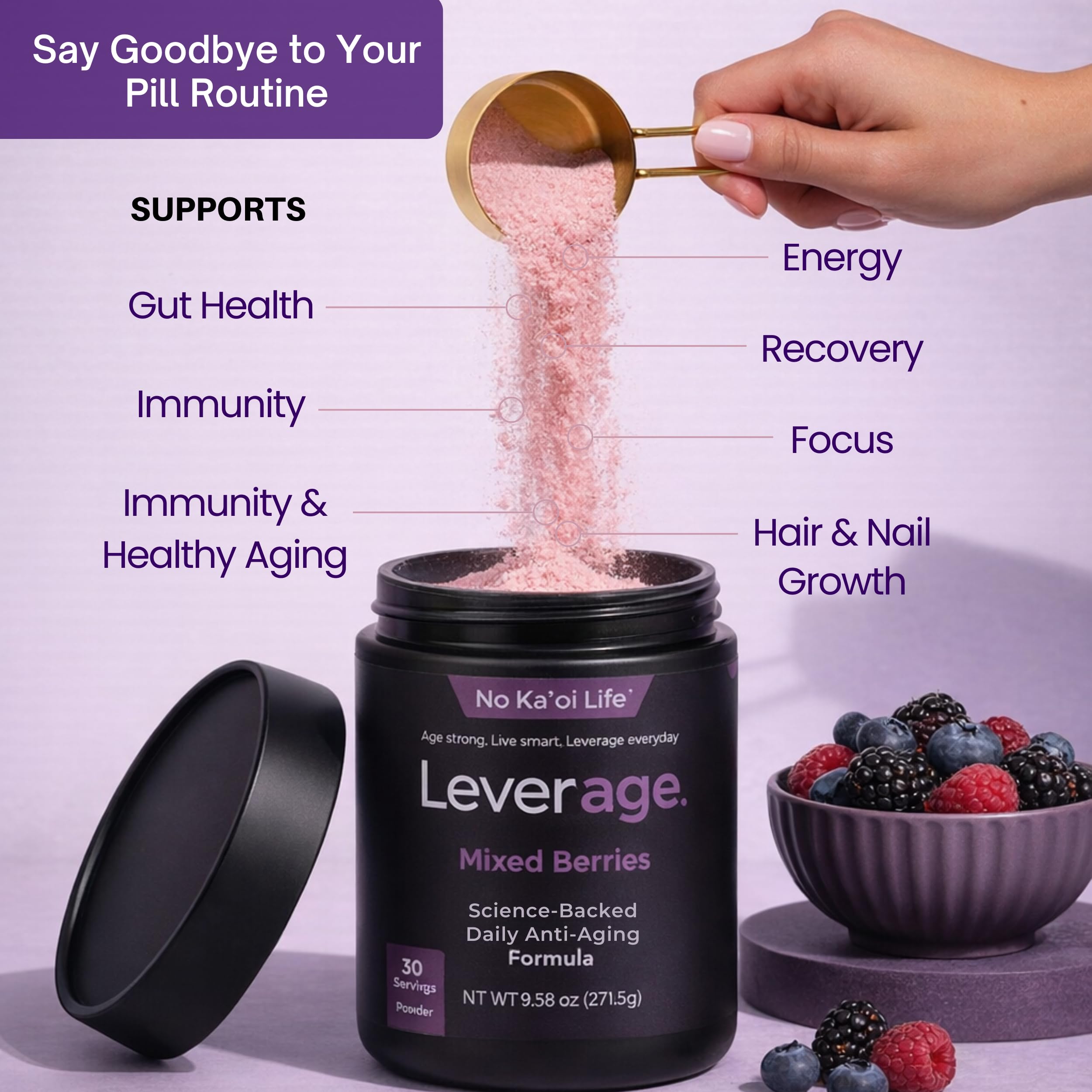 Leverage Mixed Berries Anti–Aging Supplement & Longevity Mix - Daily Wellness Multivitamin Powder with Hyaluronic Acid, L-Glycine & Magnesium for Skin, Energy, Cognitive Function & Joint–30 Servings LeverageAu supplements