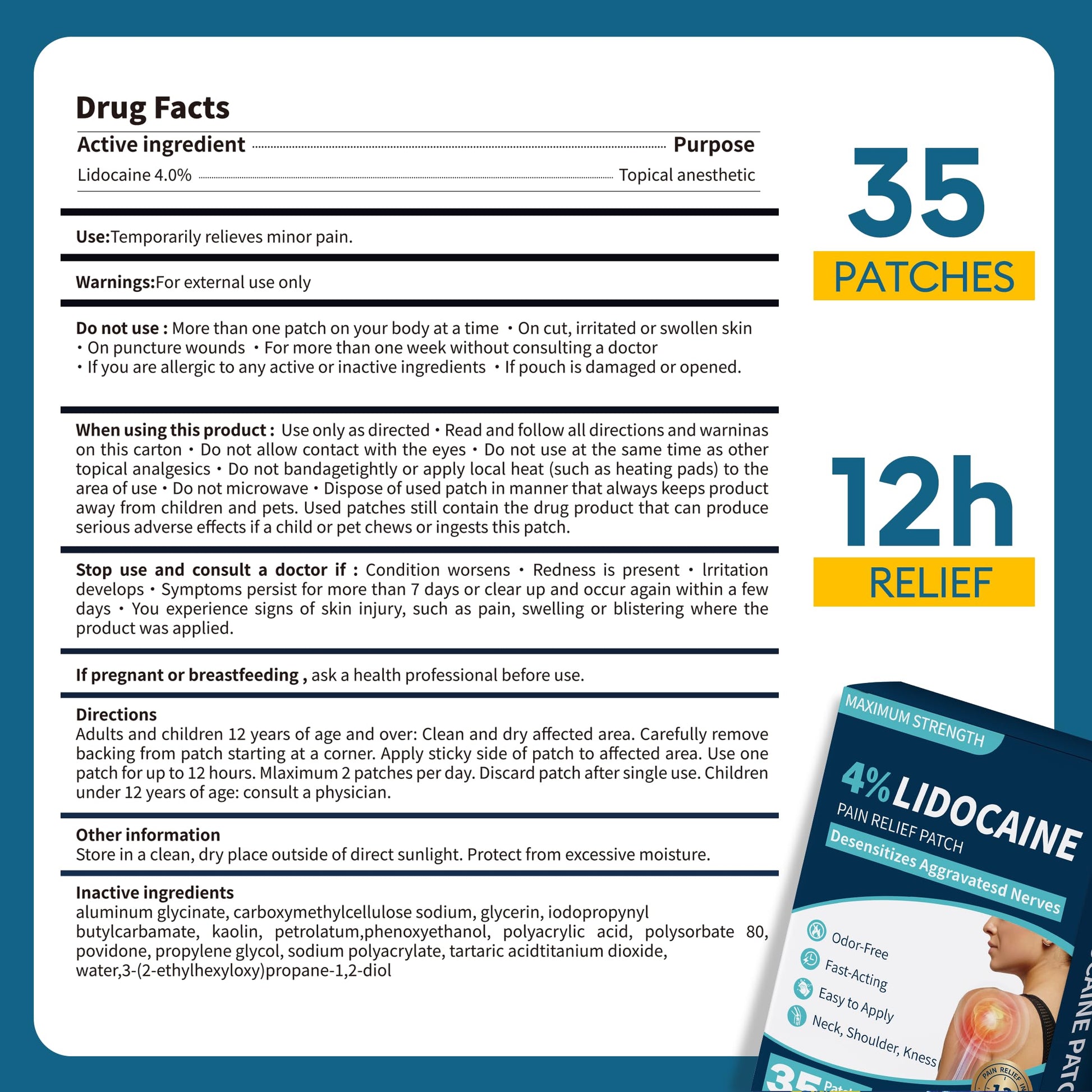 SZLGANG 4% Lidocaine Pain Relief Patches - (Large, 35, Count) Maximum Strength Relief for Back, Neck, Shoulder, Joint & Muscle Pain, 3.9”x 5.5”-03277 SZLGANGAu supplements