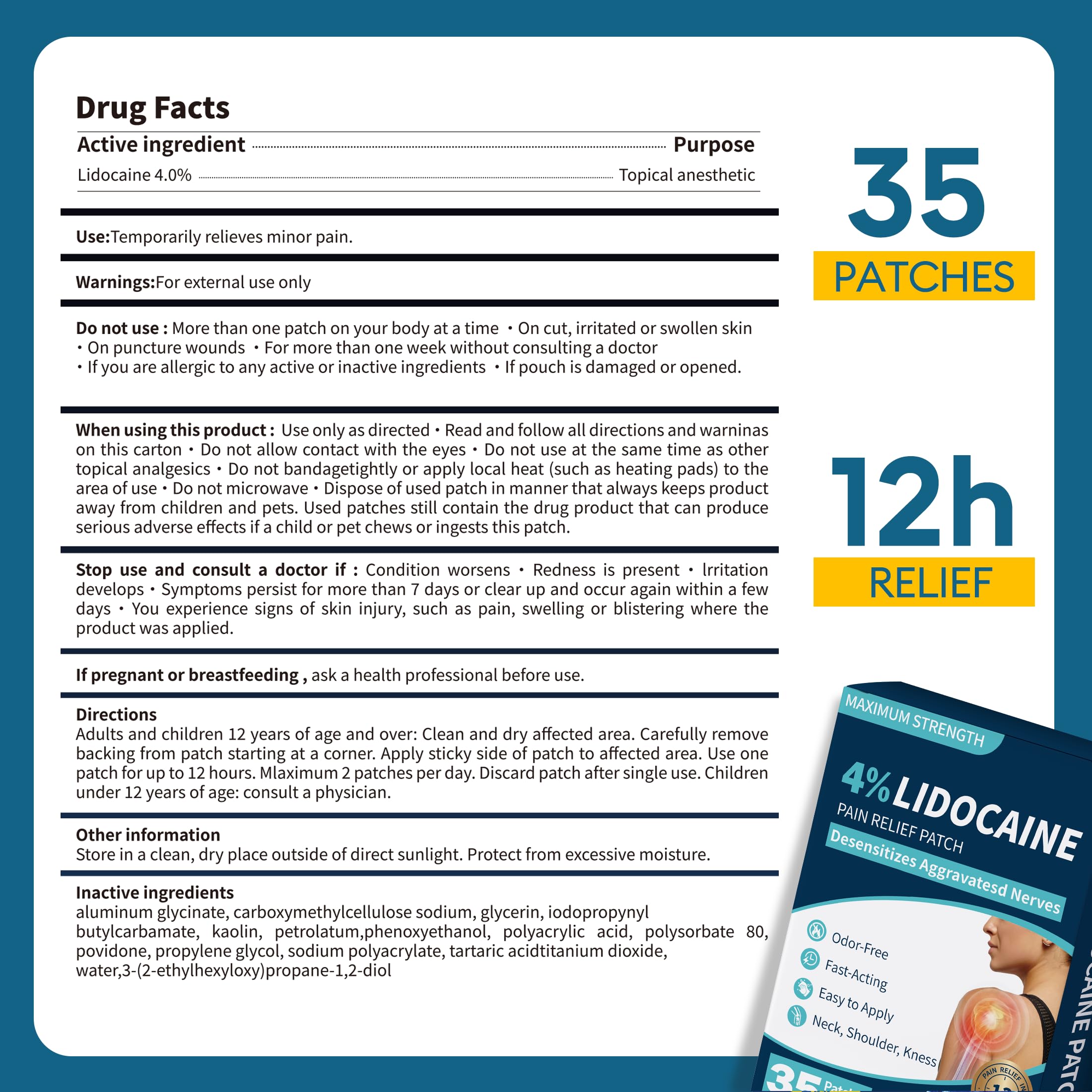 SZLGANG 4% Lidocaine Pain Relief Patches - (Large, 35, Count) Maximum Strength Relief for Back, Neck, Shoulder, Joint & Muscle Pain, 3.9”x 5.5”-03277 SZLGANGAu supplements