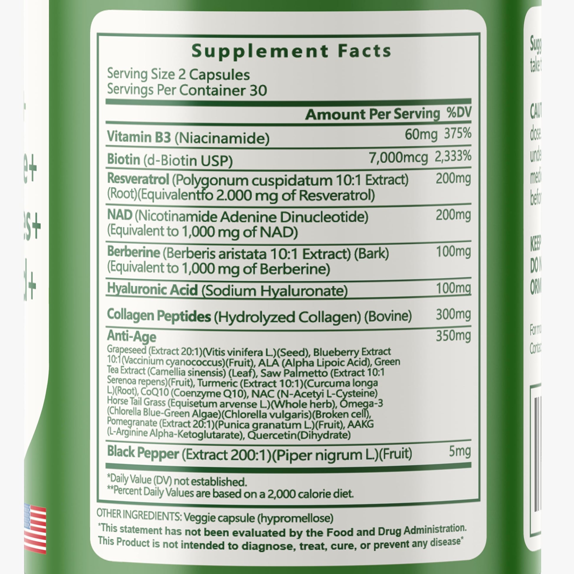 vitaxmin NAD Resveratrol Supplement 200mg with Berberine NAC Collagen - Nicotinamide Riboside NMN NADH CoQ10 Biotin Hyaluronic Acid - Hair Skin Nails Supplement - 60 Capsules vitaxminAu supplements