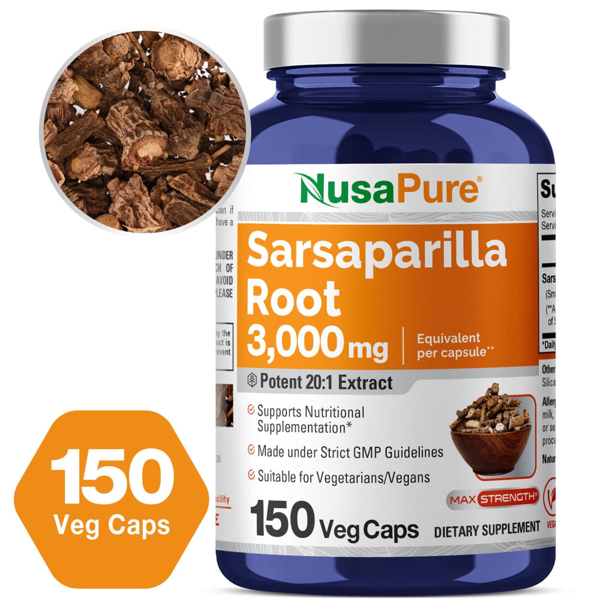 NusaPure Sarsaparilla Root 20:1 Extract - Suitable for Vegetarian/Vegan, Non - GMO - 3000 mg - 150 Capsules NusaPureAu supplements