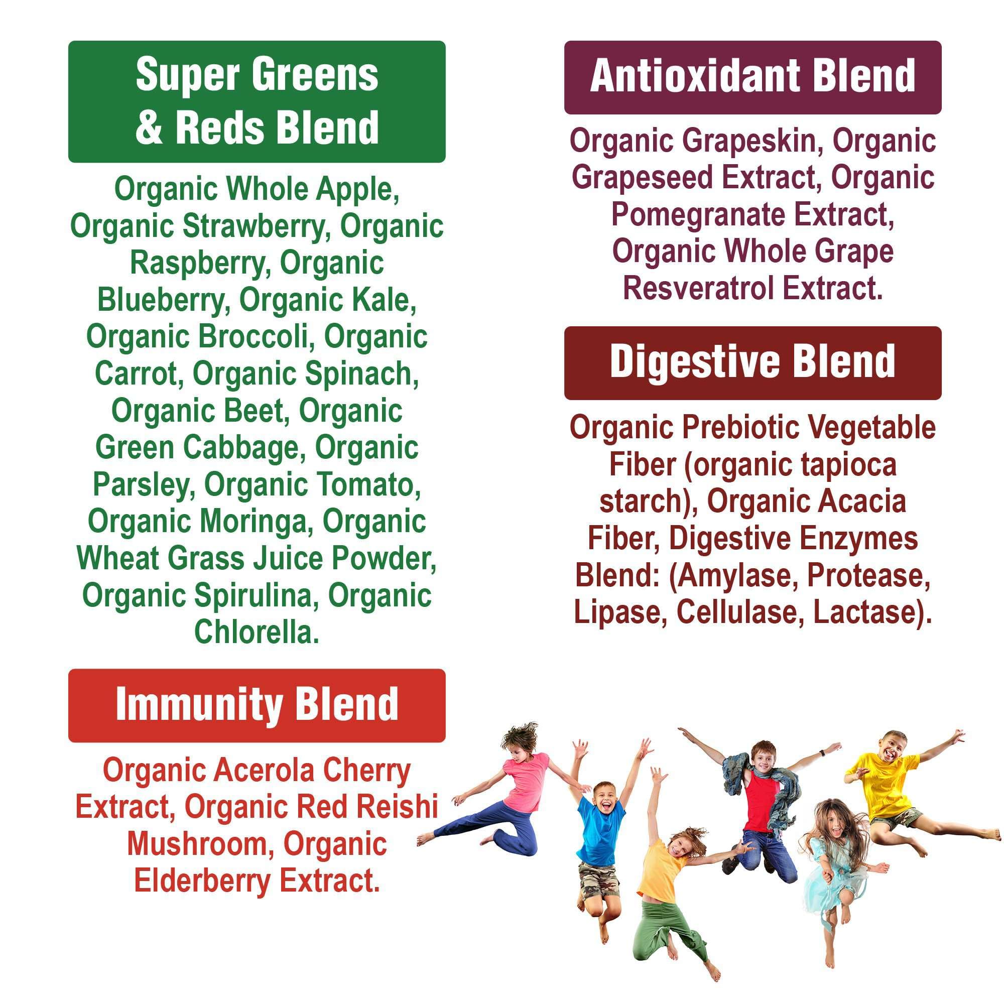 Kids Greens and Reds Superfood Powder. Best Tasting Organic Vegan Super Food Juice with 25+ Real Fruits and Vegetables. Gluten Free Real Food Vitamins. Green and Red Superfoods Supplement for Children Peak PerformanceAu supplements