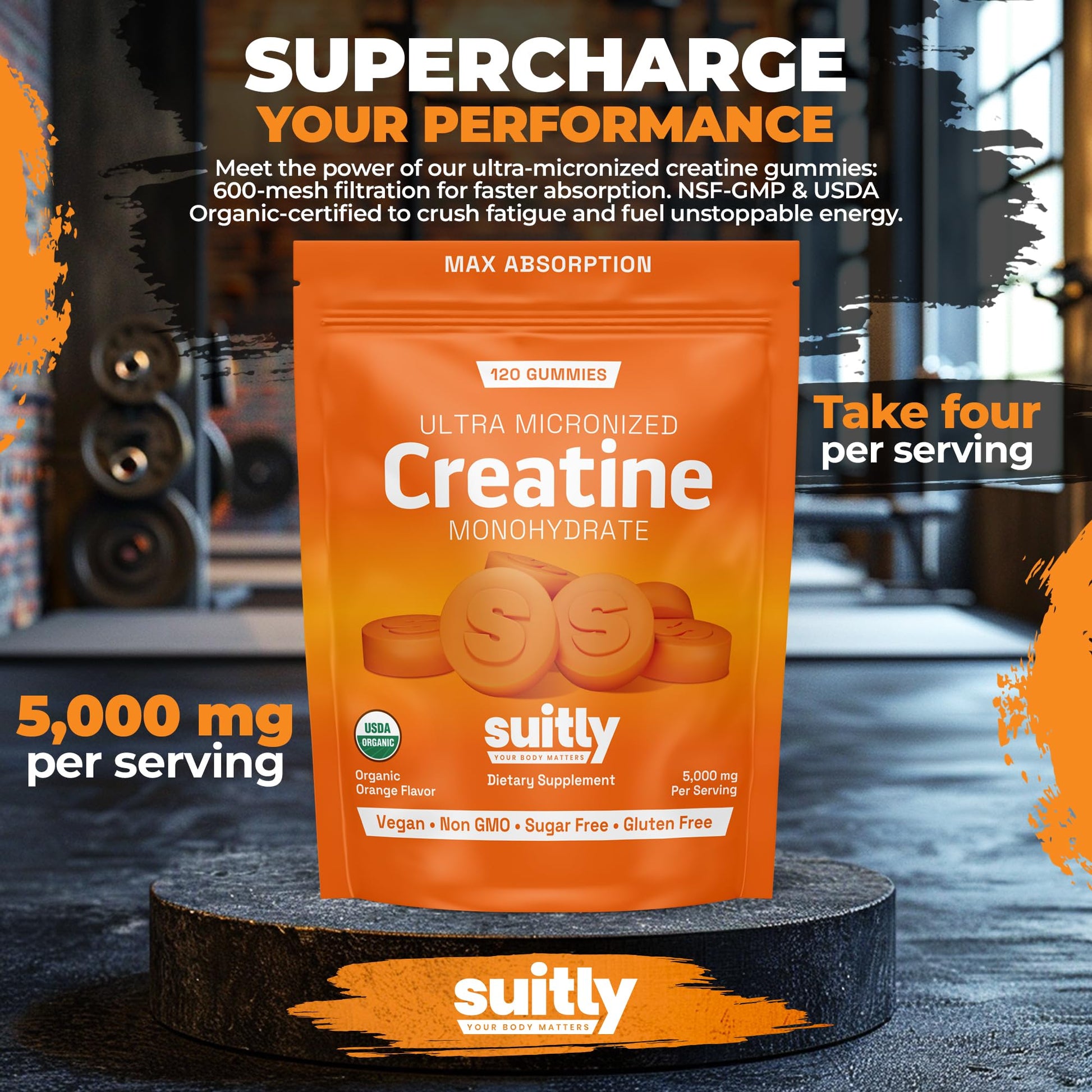 USDA Organic Ultra-Micronized Creatine Gummies for Men & Women; Orange Max Absorption 5g Creatine Gummies Sugar Free for Muscle Gain, Energy & Recovery; Muscle Builder for Women with Pouch - 120 Count SuitlyAu supplements