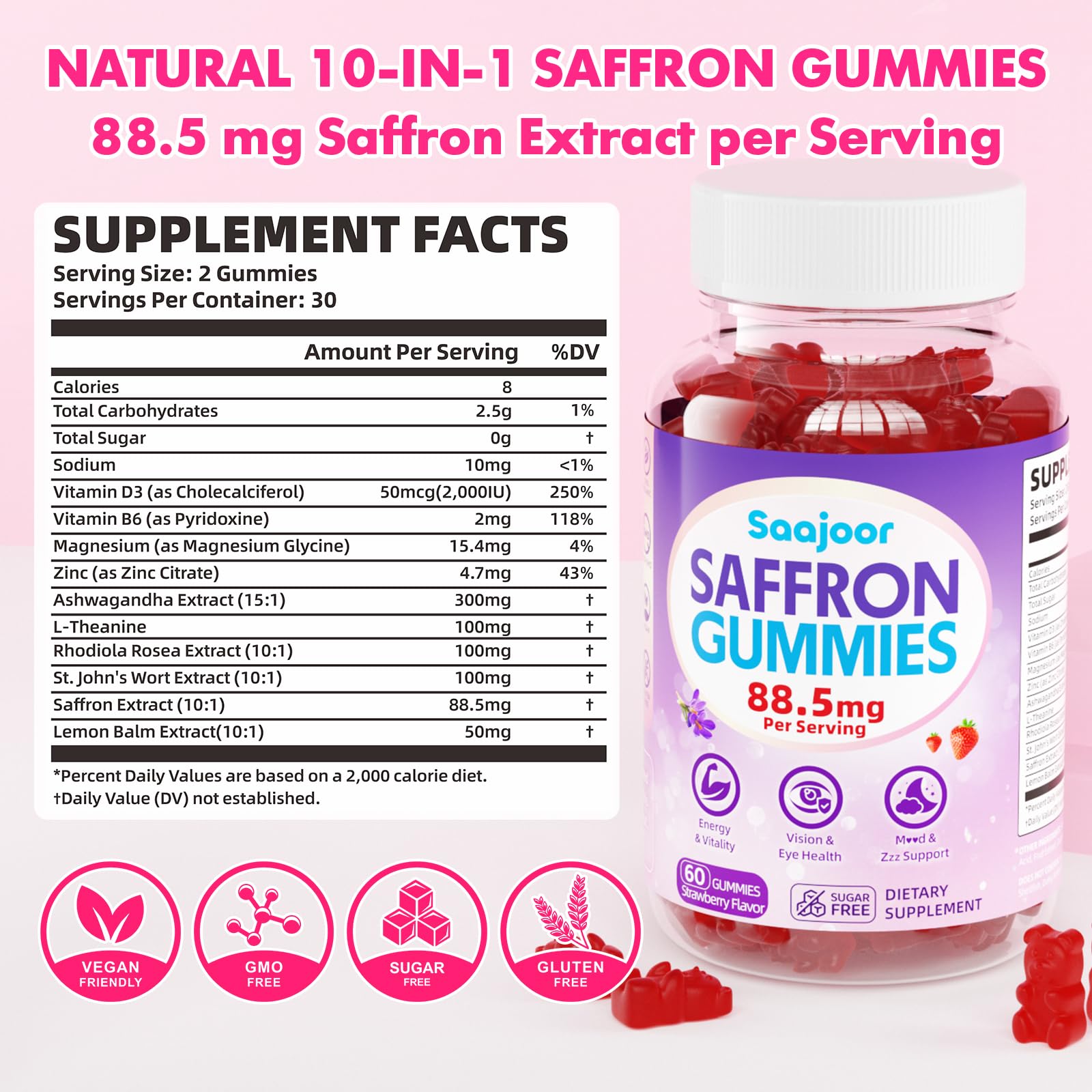 Saffron Gummies for Adult Kids - with Saffron 88.5mg, Vitamins D3 & B6, Magnesium, Zinc, Ashwagandha, L - Theanine, St. John's Wort - Supports Mood & Focus, Strawberry Flavor, 120 Count SaajoorAu supplements