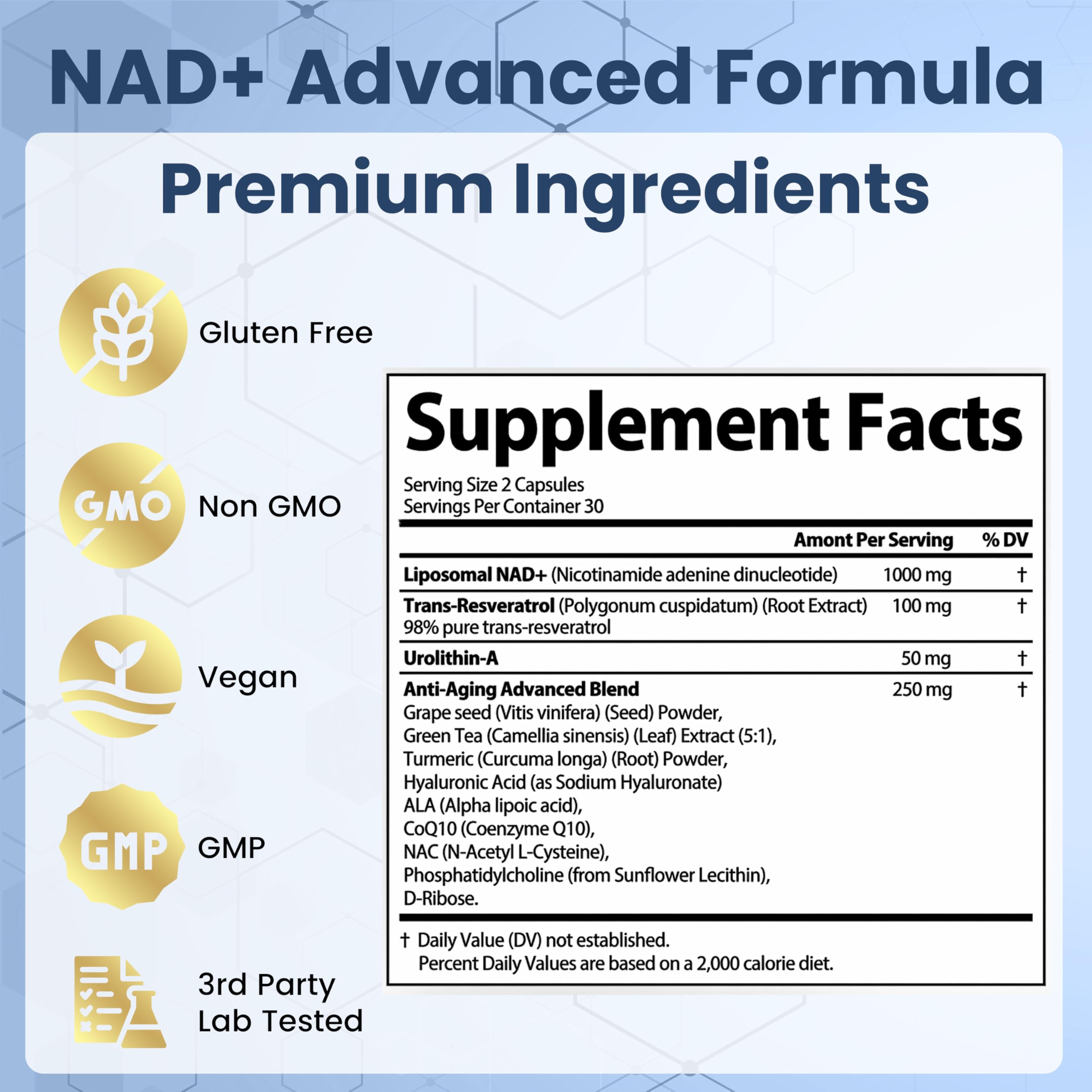 1000mg NAD Supplement with Resveratrol - Advanced Liposomal NAD+ Supplements for Men and Women - Anti-Aging Cell Regenerator - 60 NAD Plus Capsules for Energy & Cellular Health StrongVitAu supplements