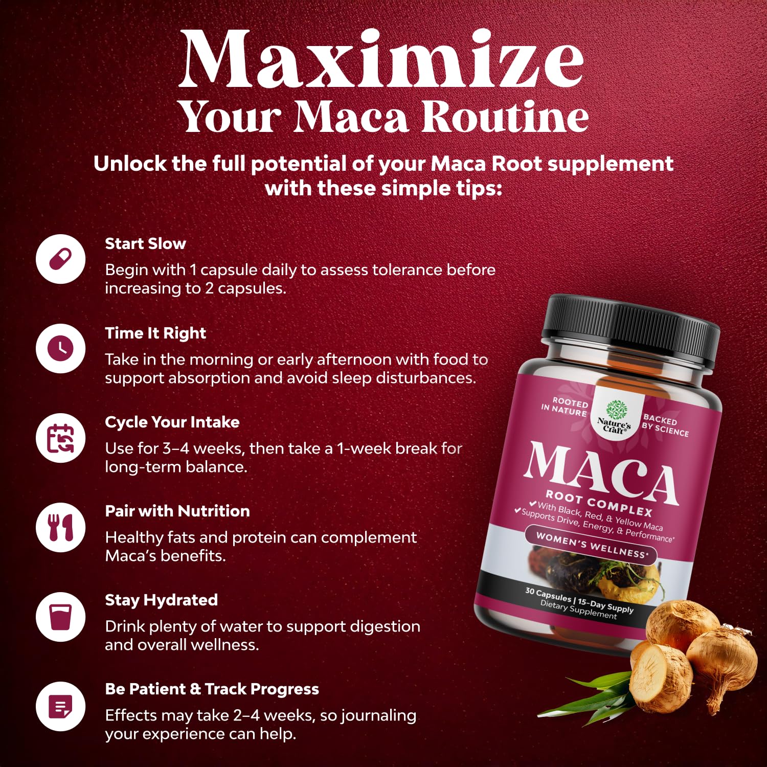Maca Root Capsules for Women - Potent Herbal Supplement with Female Enhancing Blend of Red Yellow & Black Maca Root - Non-GMO Certified Vegan and Gluten-Free with No Artificial Colors - 30 Count Natures CraftAu supplements