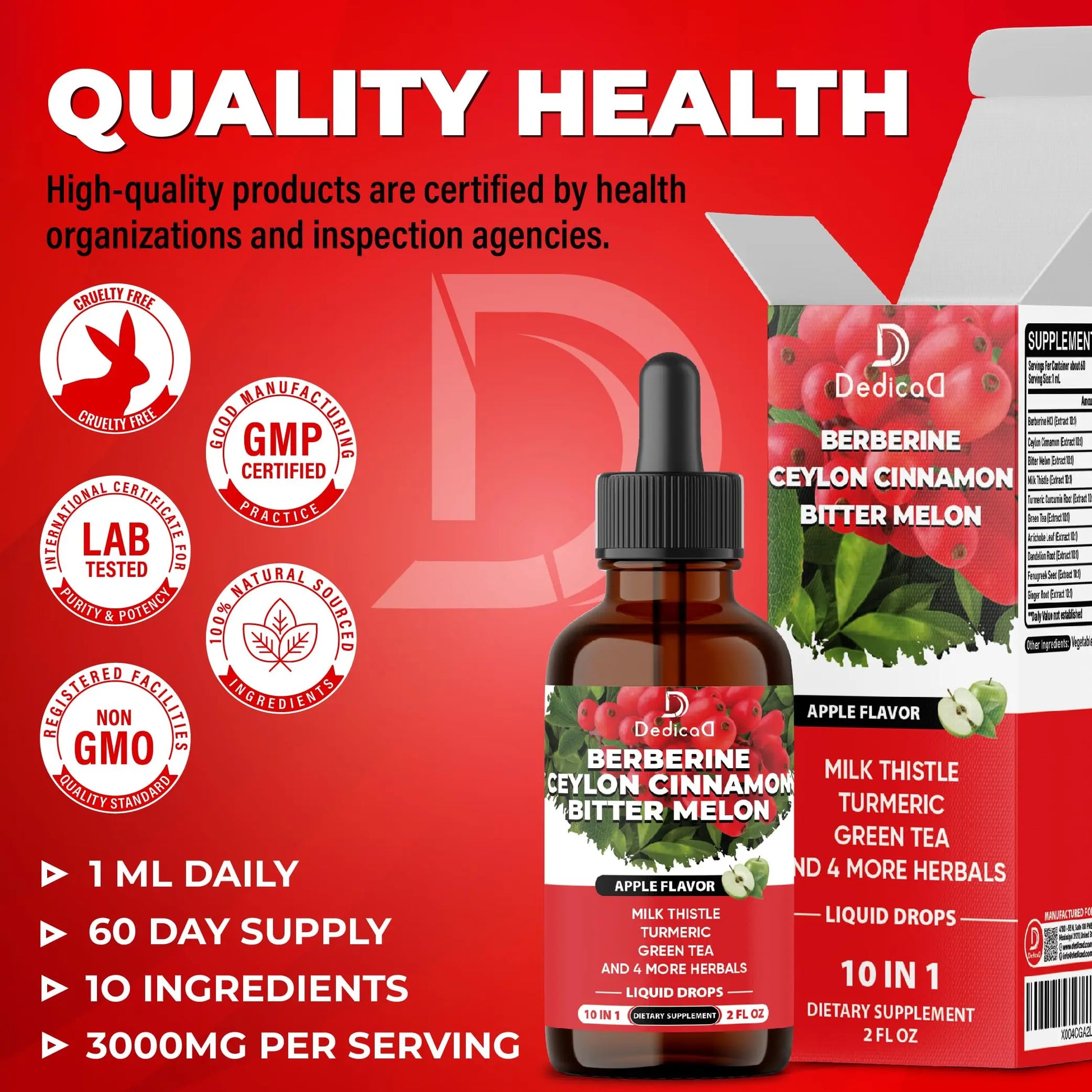 DEDICAD 10in1 Berberine HCl Drops - Liposomal Berberine Liquid - Activator Berberine with Ceylon Cinnamon, Bitter Melon, and 7 More - 60ml DEDICADnz supplements